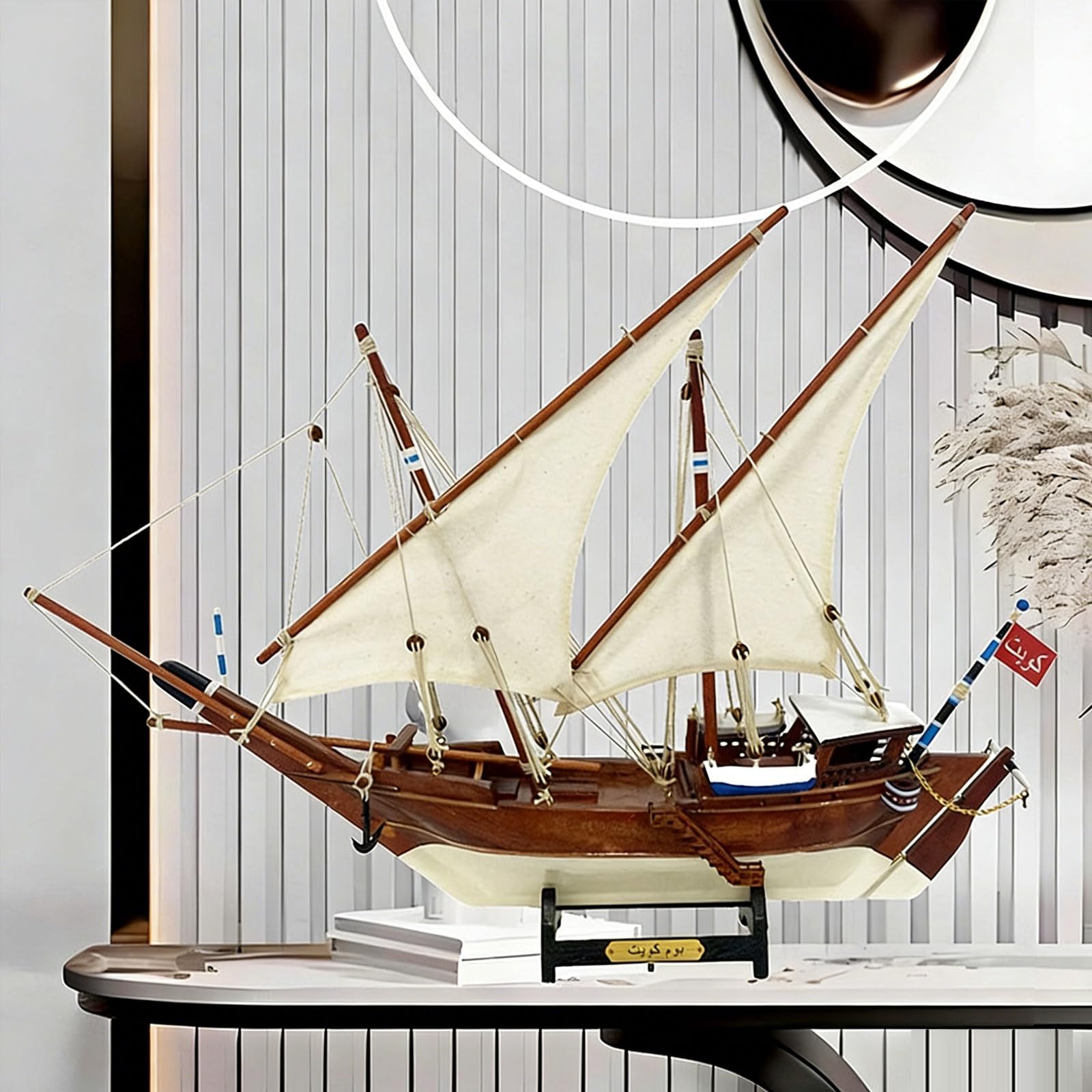 YLME Ręcznie wykonany drewniany model żaglówki Dhow Dekoracja z litego drewna w stylu arabskim, ręcznie wykończona, w stylu marynistycznym Prezent dla kolekcjonerów marynistyki i żeglarzy,30cm