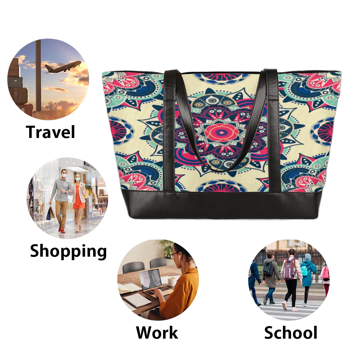 TropicalLife Etniczna mandala damska torba na laptopa etniczna mandala damska zamek błyskawiczny duża płócienna torebka na ramię torba kurierska do biura podróży na zakupy, Kolor, 15 L