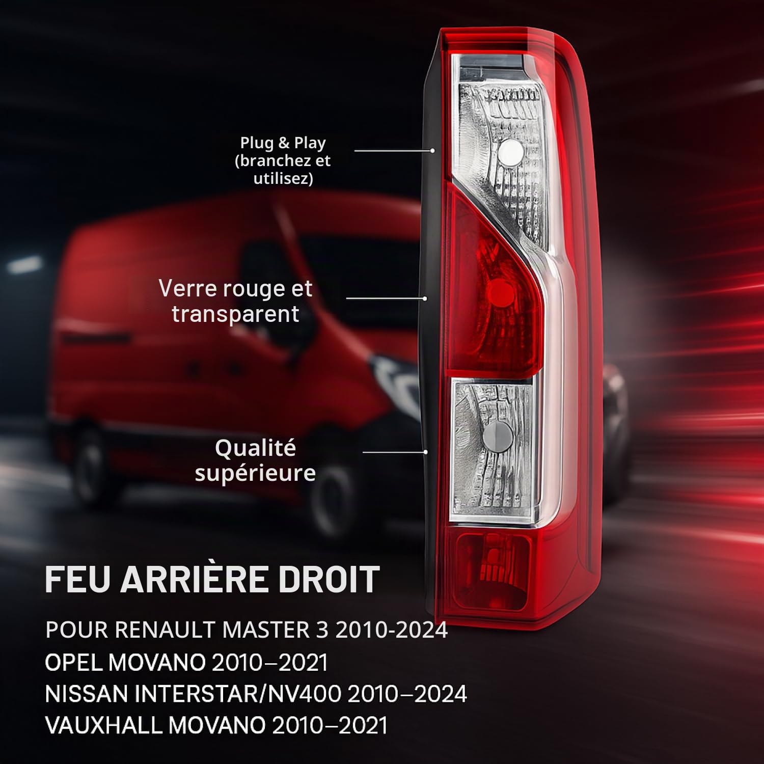 2x Feux Arrière Droit Gauche Compatible avec Renault Master 3 2010-2024 Opel Movano 2010-2021 Nissan Interstar NV400 2010-2024 Vauxhall Movano 2010-2021 E-Marque 265550023R 265500023R