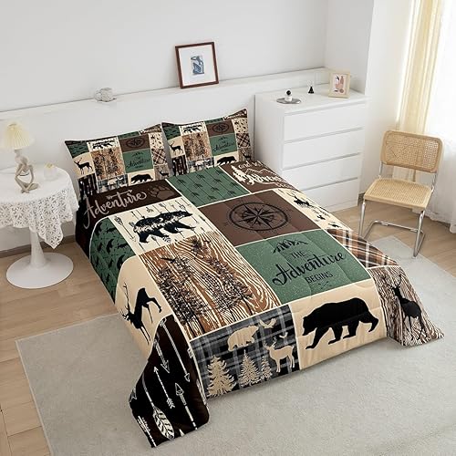 Miniatura 3 de Juego de edredón de oso de caza, ciervo, juego de ropa de cama a cuadros tamaño King, edredón rústico de retazos de cabaña para niños, adolescentes,