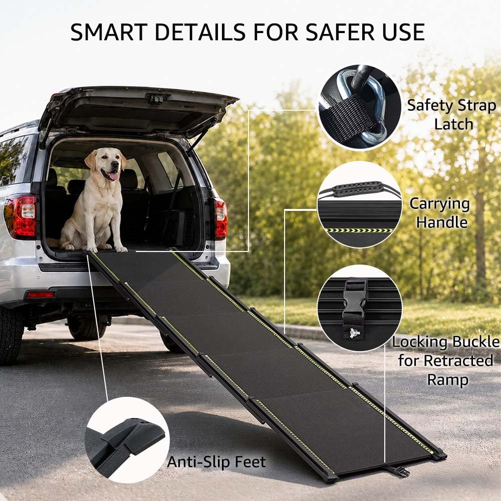 unipaws Rampa telescopica extra lunga per cani, 220 cm, per auto, SUV e camion, larga 51 cm, portatile, con superficie antiscivolo, strisce riflettenti e pendenza delicata, per cani fino a 68 kg