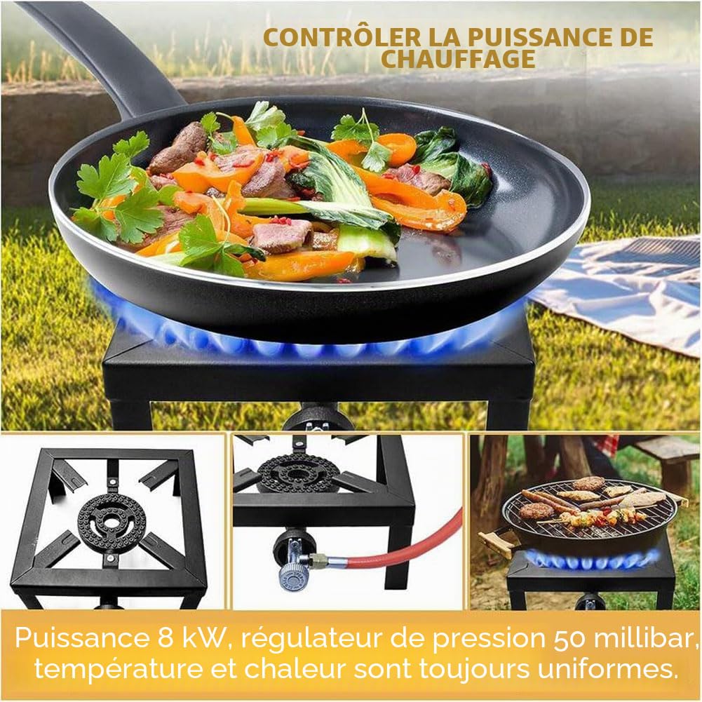 Réchaud à gaz 8 kW - Réchaud industriel avec tuyau de gaz propane de 1,5 m et réducteur de pression de propane de 50 mbar - Pour le camping, l'extérieur, uniquement pour une utilisation en