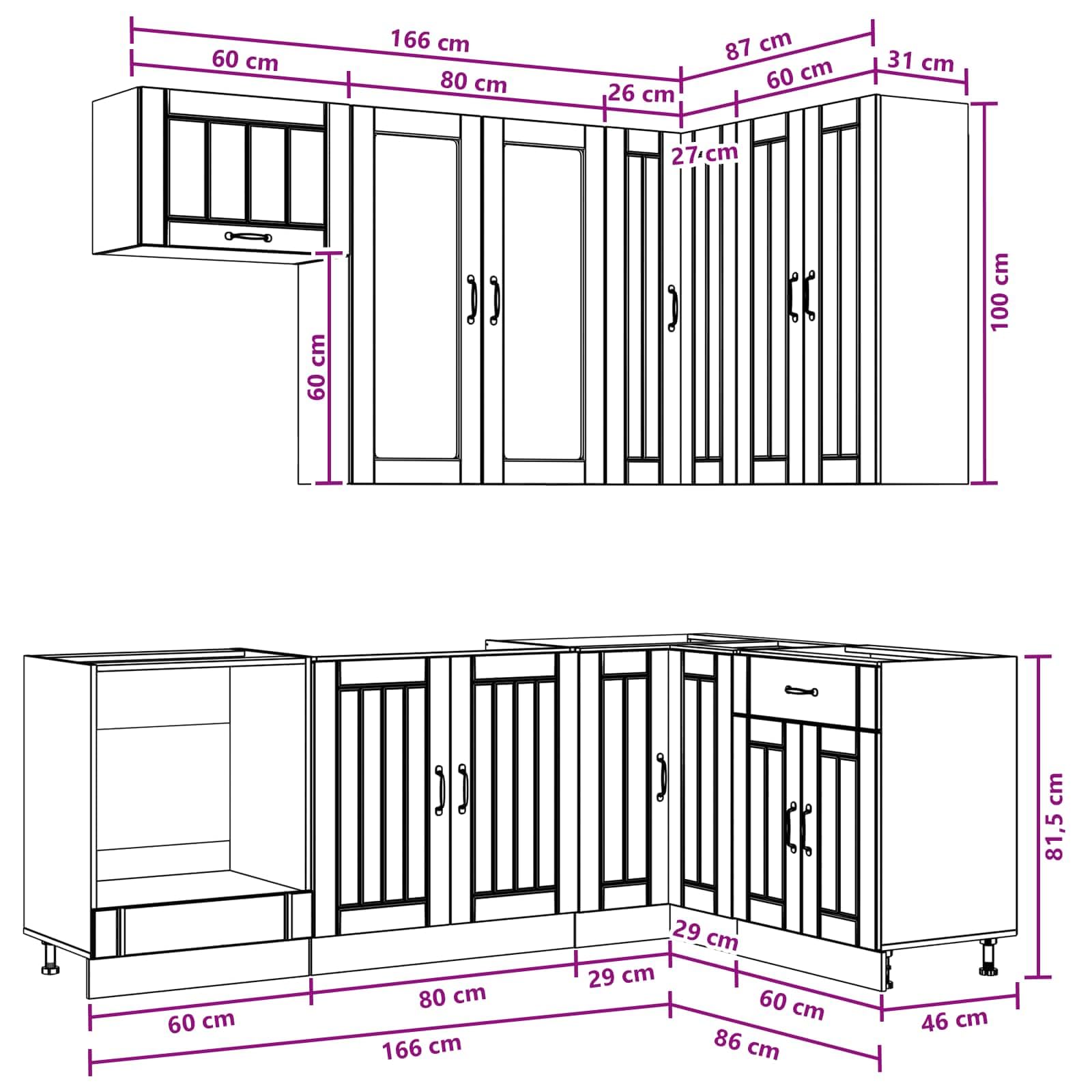 8-teilige Küchenzeile Lucca Schwarz Holzwerkstoff Einbauküche | Modernes Küchenschrank-Set für Küche und Esszimmer mit viel Stauraum, Glaselementen und verstellbaren Standfüßen.