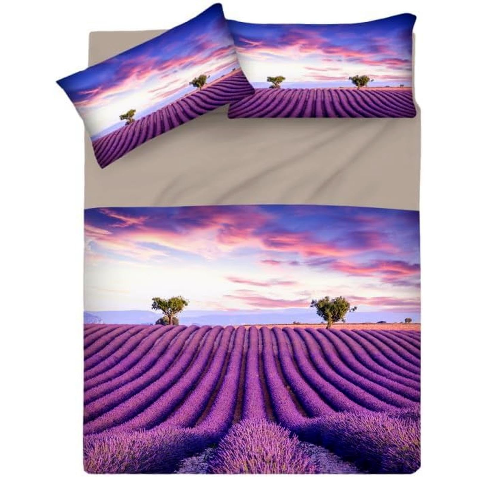 Completo Lenzuola Matrimoniale in Cotone, Stampa Alta Qualità, Set Lenzuolo Sotto + Lenzuolo Sopra + 2 Federe, Comfort e Morbidezza per Pelli Sensibili. Fantasia: Lavanda
