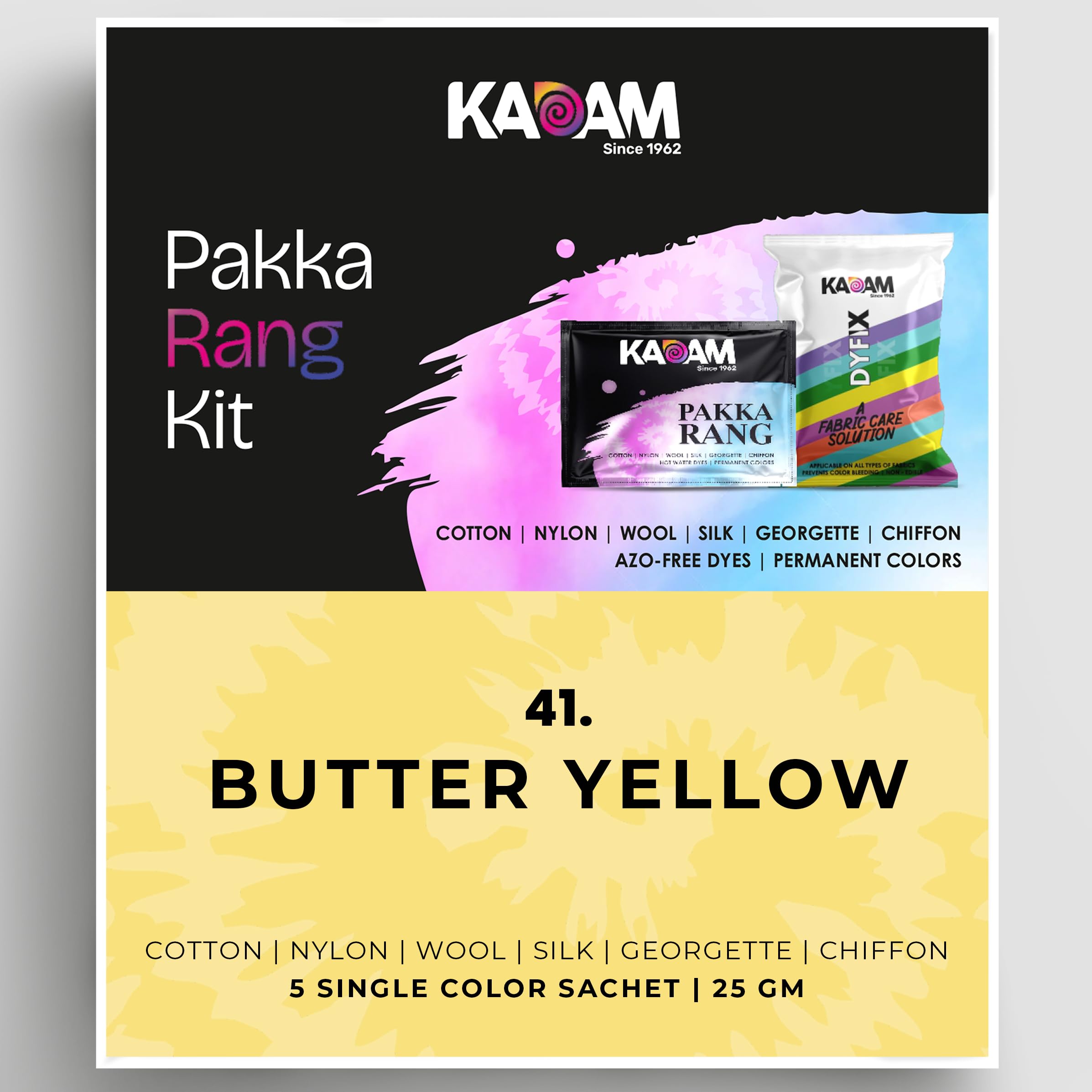 Kadam Pakka Rang Fabric Dye Colour | Butter Yellow | 25g Pack | Includes DyFix Color Fixer | Permanent Fabric Dyes for Old Faded Jeans and Clothes