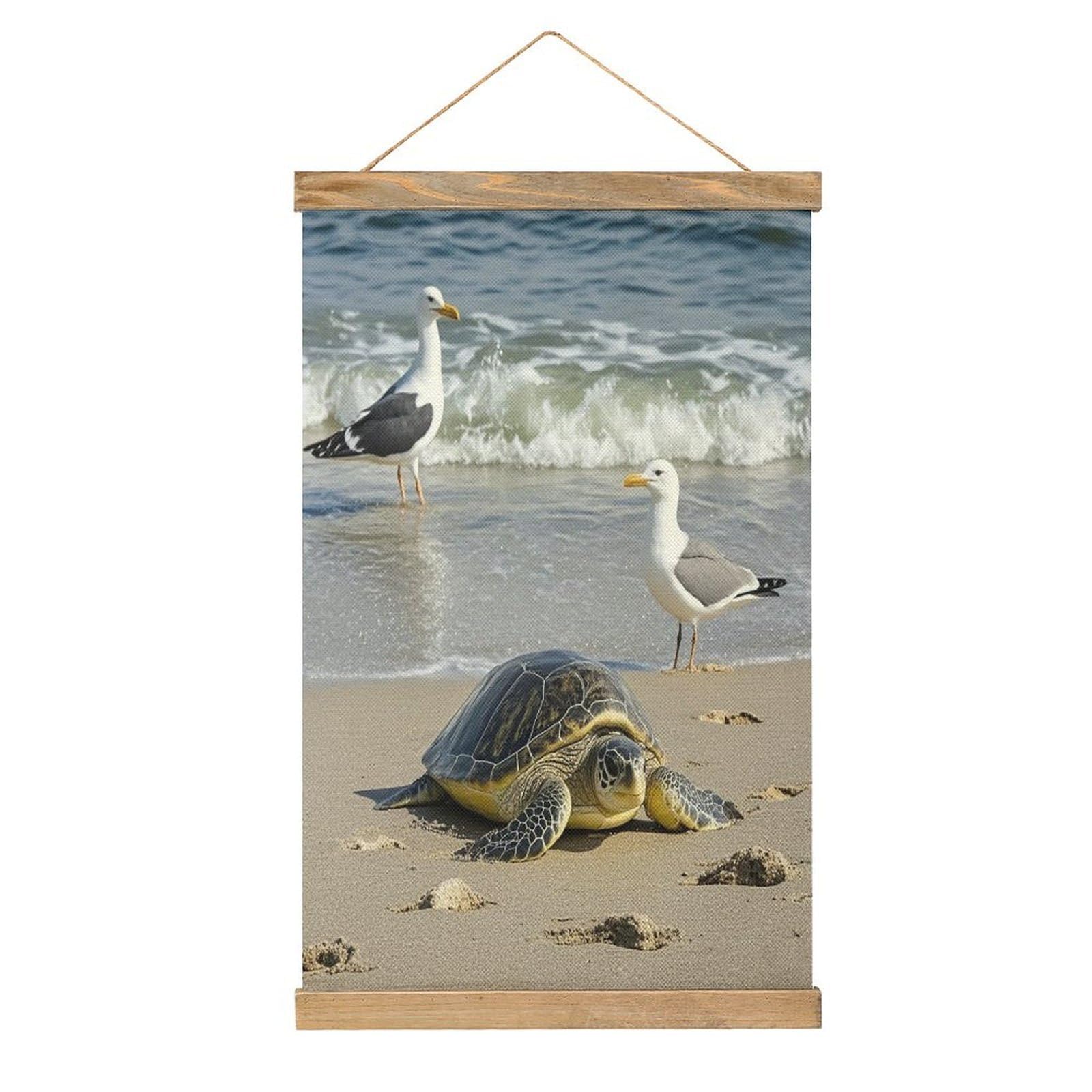 VstaDank Green Sea Turtle Hanging Poster with Wooden Frame Modern Linen Hanging Painting Retro Style Wall Decor Art Painting for Living Room,Bedroom Decor Poster Frame 20.4x13.1inch