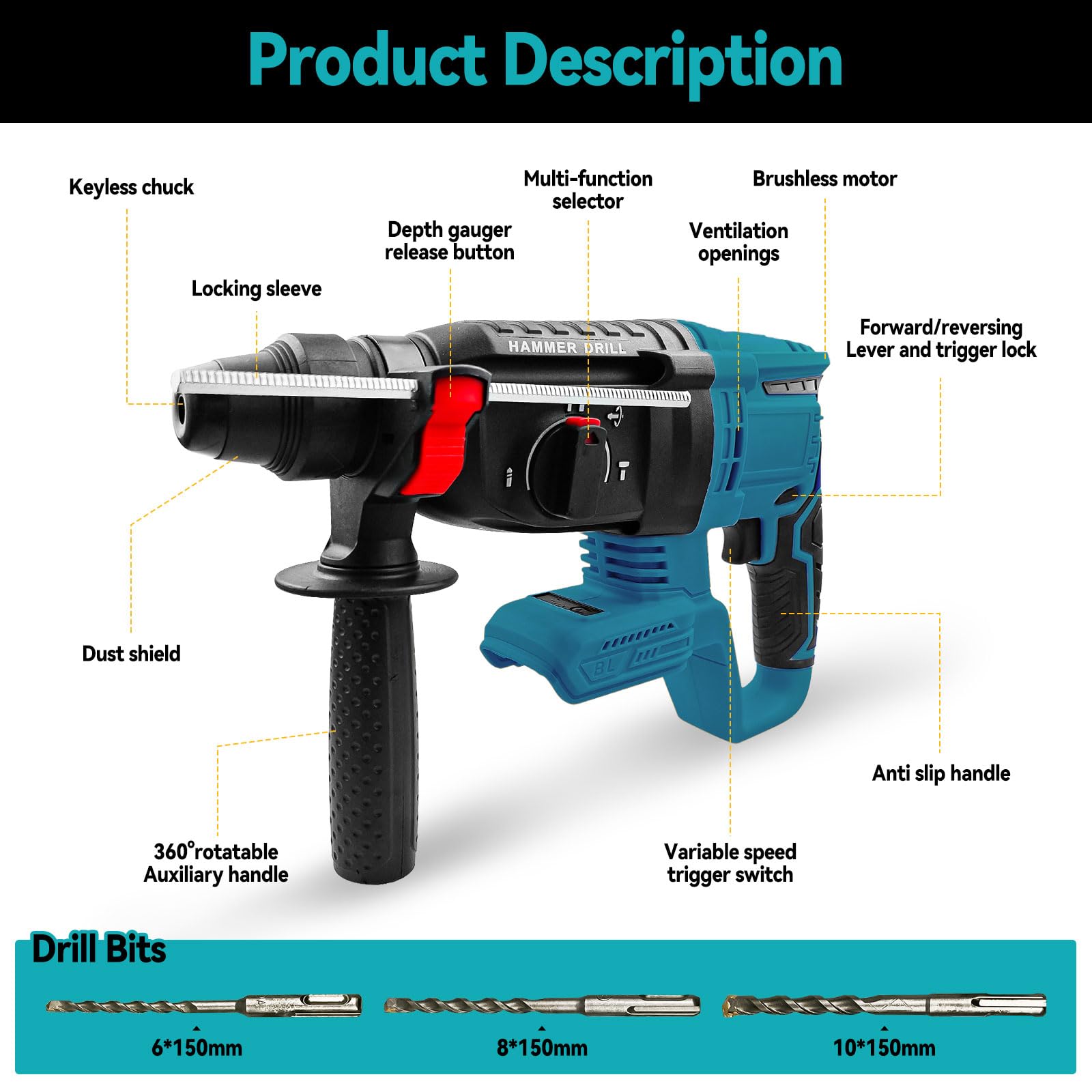 Trapano a percussione a batteria senza fili compatibile con batteria 18V, trapano a percussione SDS Plus senza spazzole con frizione di sicurezza, 650 W, utensili elettrici 2,6 J