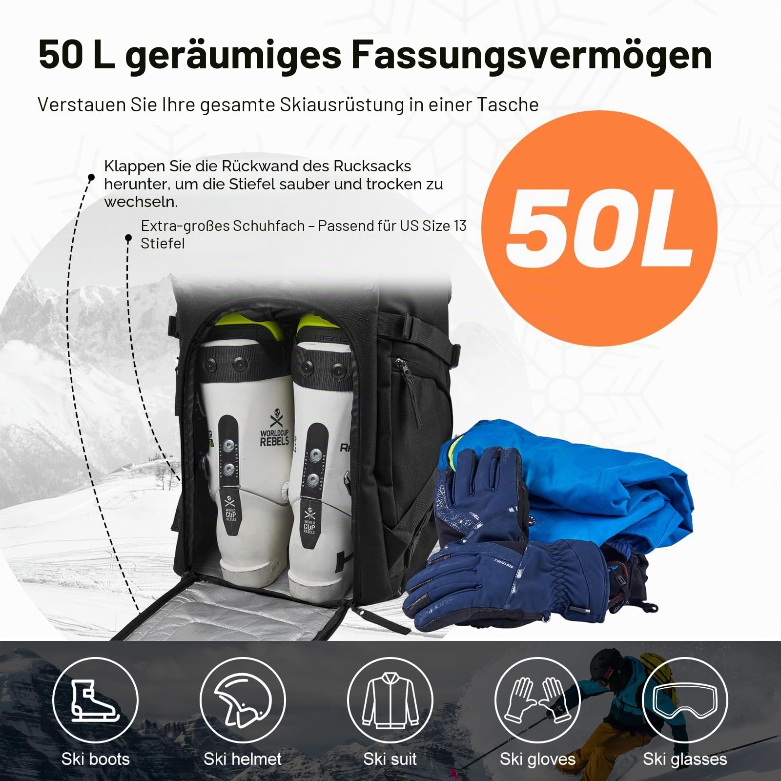 Odoland Skitasche Set, Gepolstert Skisack und Schuhtasche Combo für Flugreisen, Ski Tasche für Skier bis zu 200 cm, wasserdichte Ski Bag zur Aufbewahrung für Herren und Damen