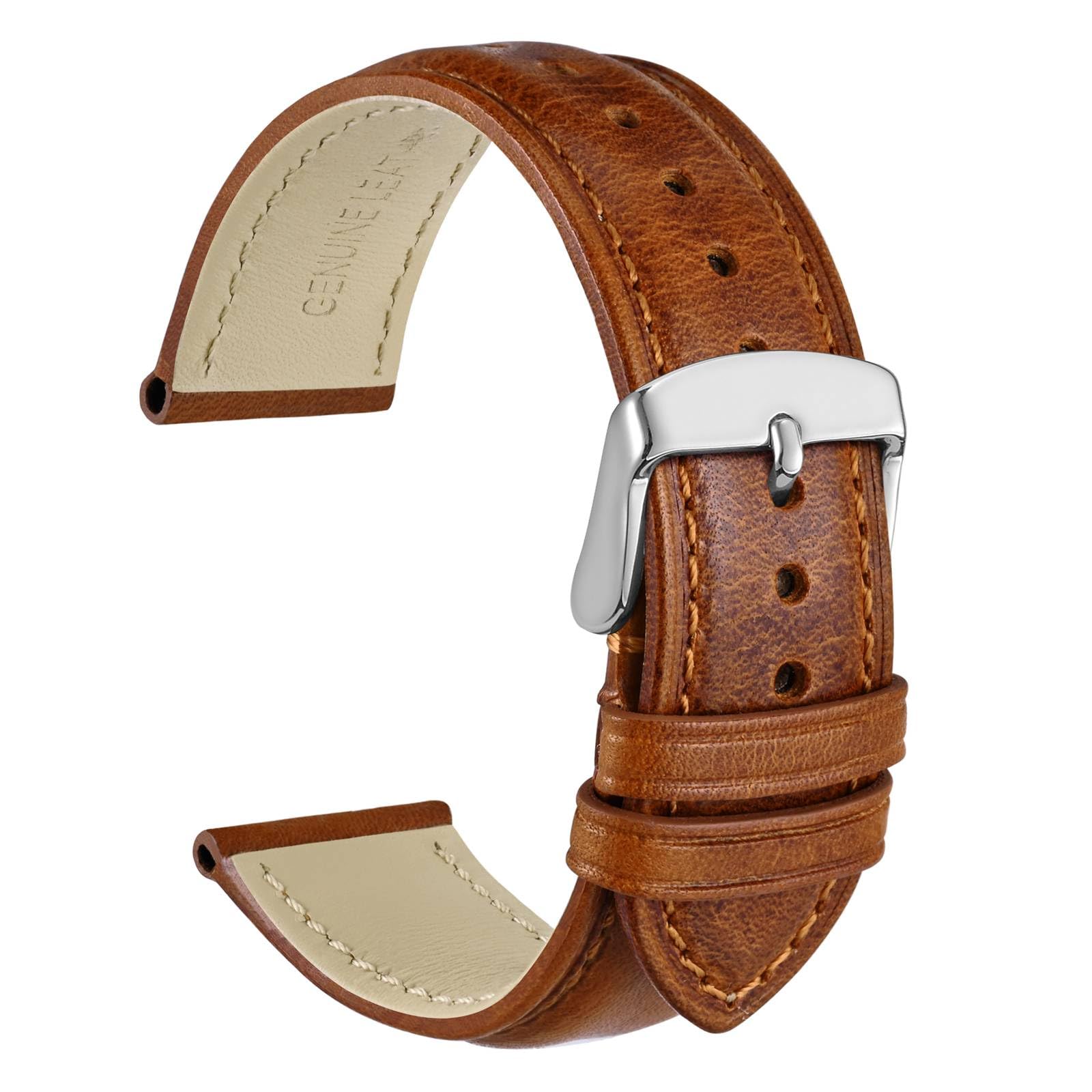 WOCCI Vintage Leather Watch Straps with Stainless Silver Buckle, Replacement Band 14mm 15mm 16mm 17mm 18mm 19mm 20mm 21mm 22mm 23mm 24mm