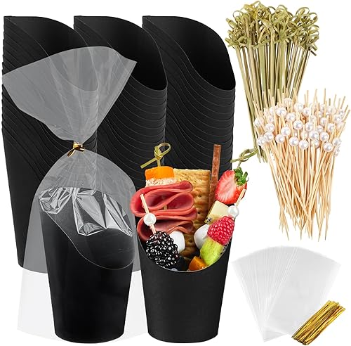 Miniatura 1 de Ocmoiy 50 tazas  50 bolsas  200 palillos de papel kraft con bolsas de plástico transparente y púas de cóctel 2 tipos tazas desechables de papel