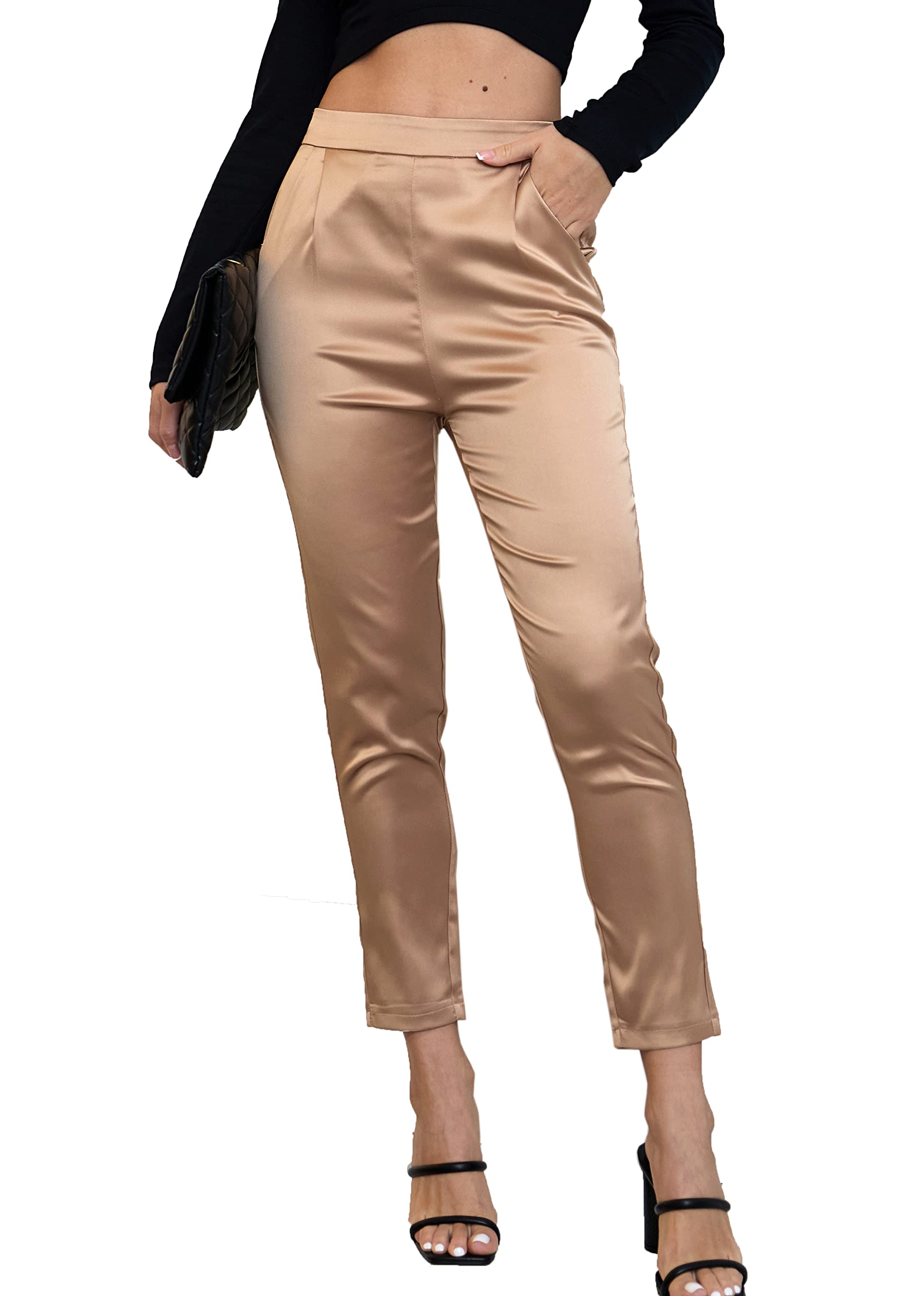 Vestido sedoso de satén para mujer, casual, elástico, cintura alta, pantalones elegantes