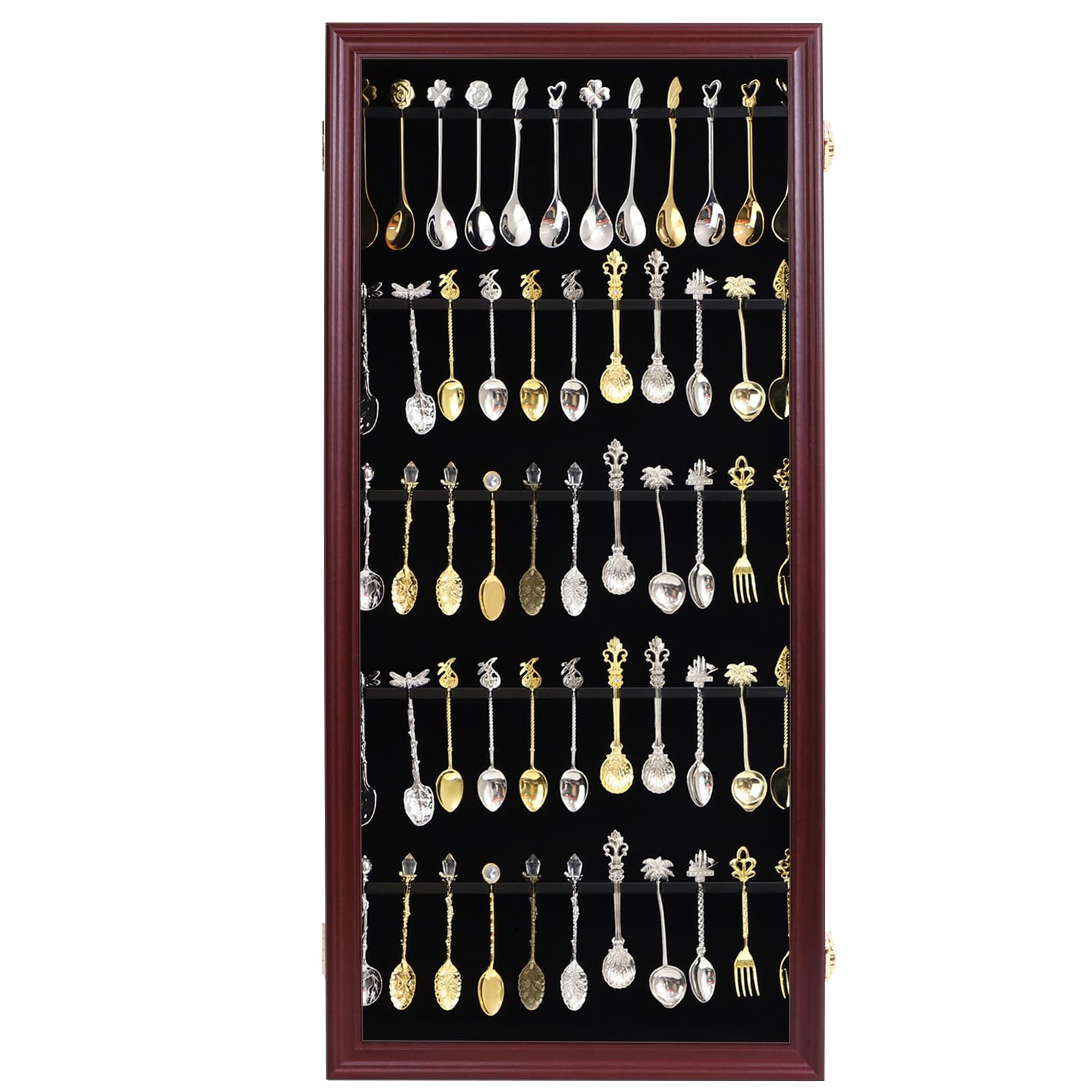 Expositor de 60 cucharas de té de recuerdo, colección de coleccionistas, soporte de pared de madera con 98% acrílico UV con cerradura (60 cucharas, cereza)