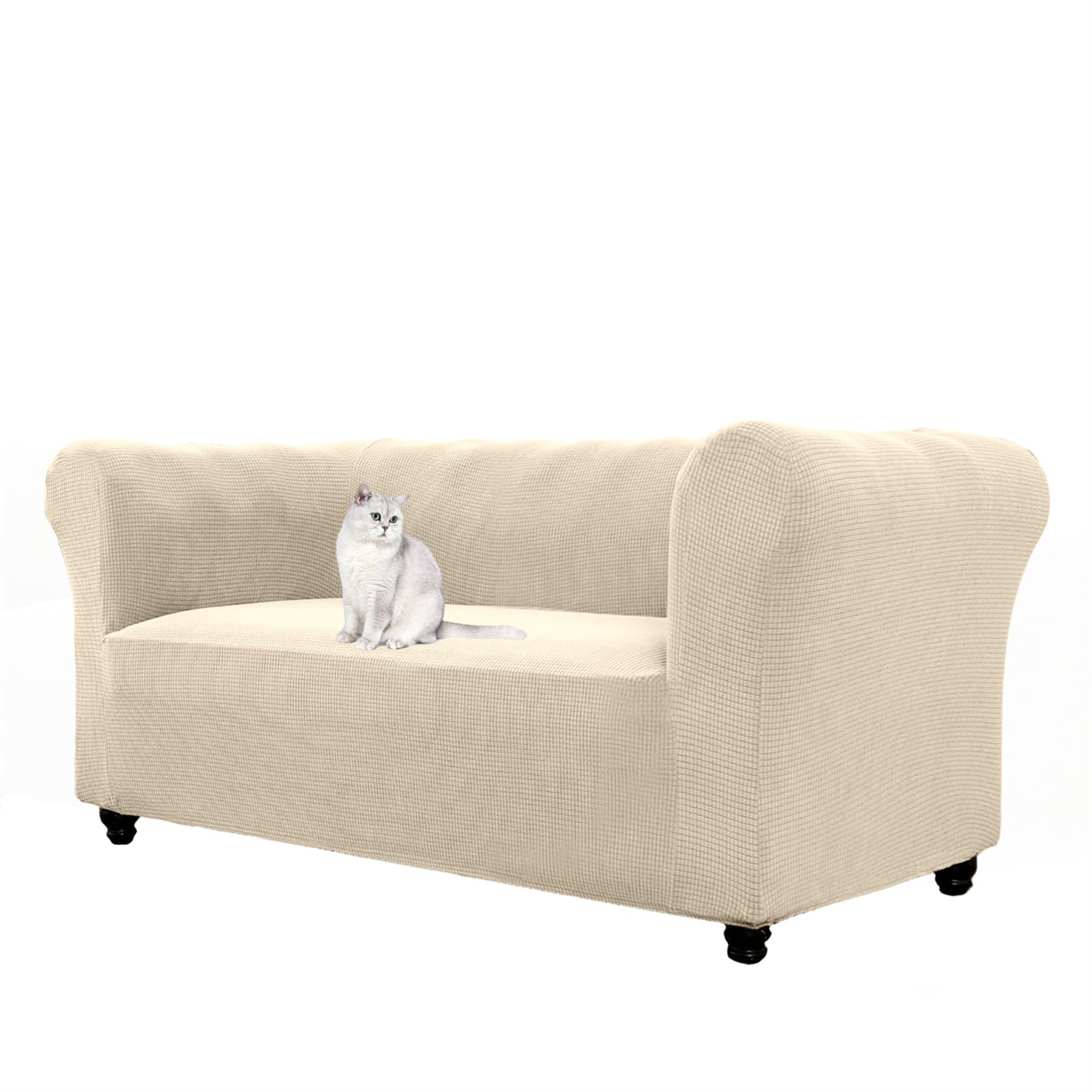 Stretchable Chesterfield Sofa Cover 1/2/3 Seater Elastic Couch Protector Non-Slip Washable Sofa Slipcover for Curved Sofa & Armchair (Beige 2 Seater)