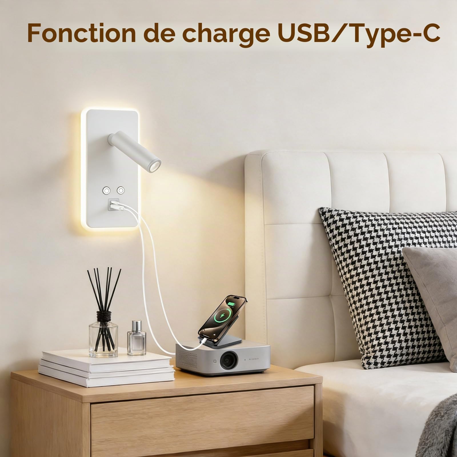 2Pcs Liseuse Applique Murale LED avec Interrupteur, Port USB et Type C, Liseuse de Chevet Dimmable en continu, 3W+9W 3000K Moderne Li-seuse Murale Chambre pour Chambre Salon Hôtel Lire(D)