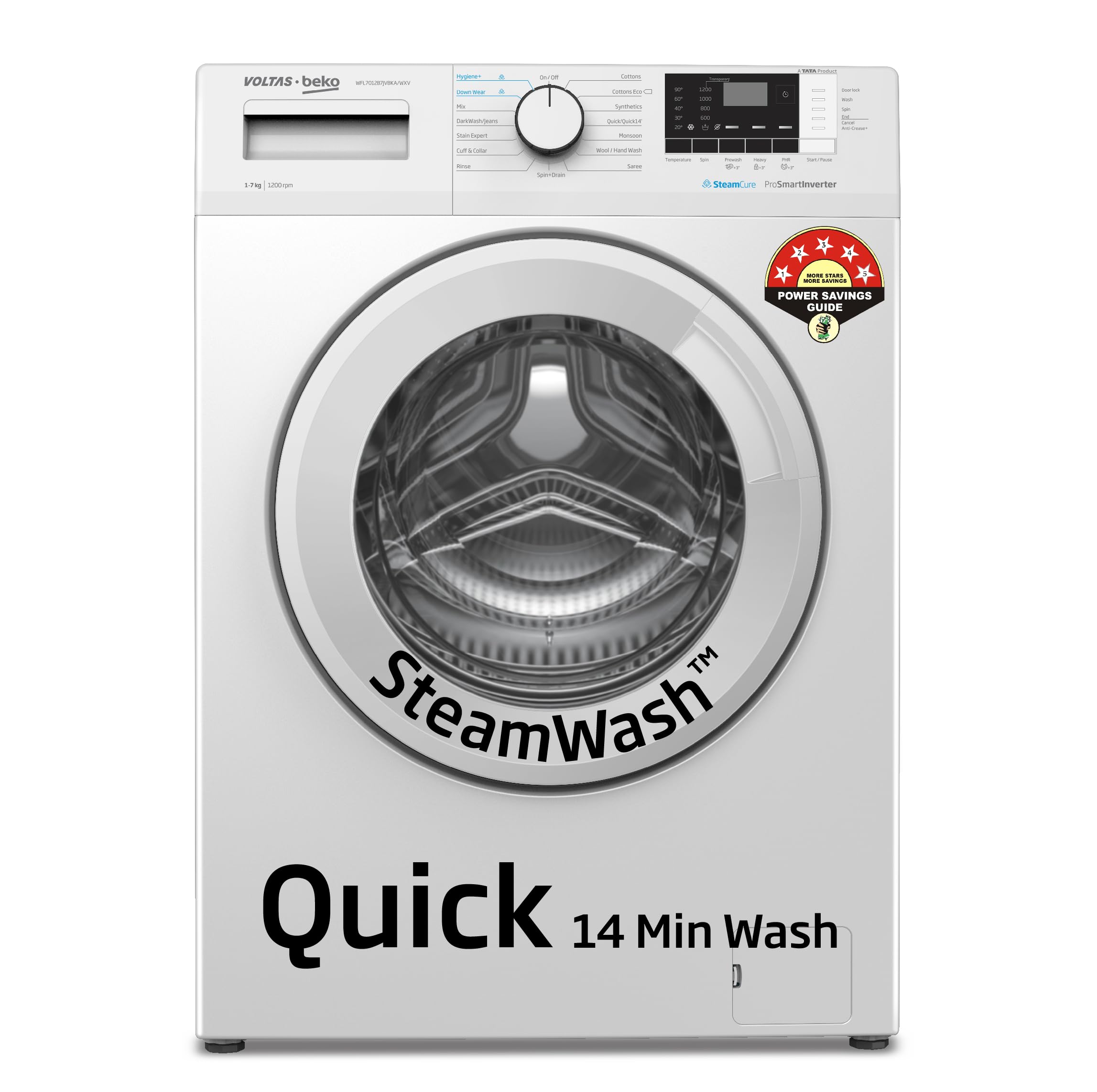 Voltas Beko, A Tata Product 7 Kg 5 Star Inverter, Quick 14-Min Wash Fully Automatic Front Load Washing Machine (WFL7012B7JVBKA/WXV, White, Inbuilt Heater/Hygiene Steam/Digital Display)-image-38