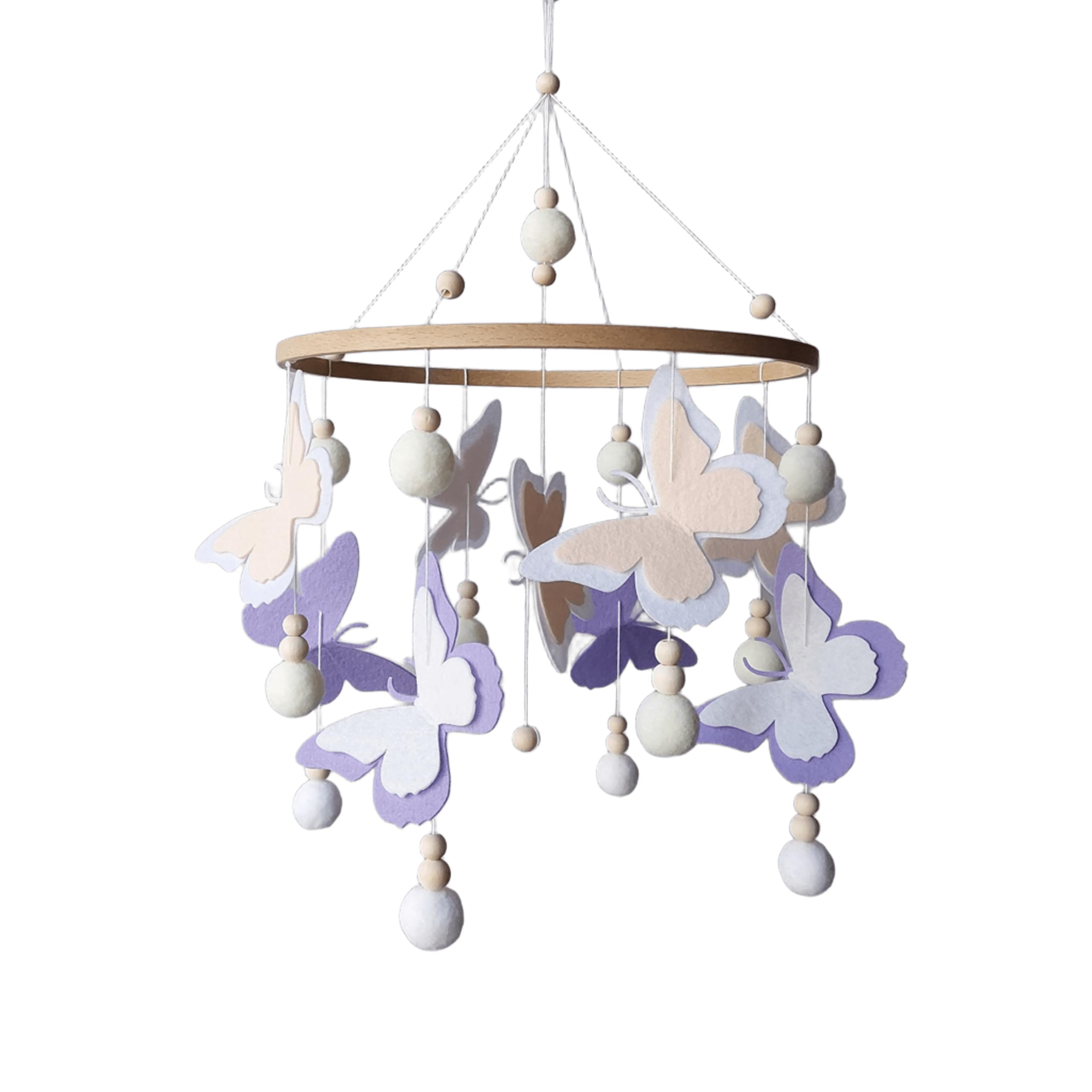 Baby Mobile mit Schmetterlingen, Filzschmetterlingen und Pompons – Handgemachtes Mobile in Lila & Weiß – Perfektes Geschenk zur Geburt oder Mobile für das Babybett - Dekor für ein Kinderzimmer