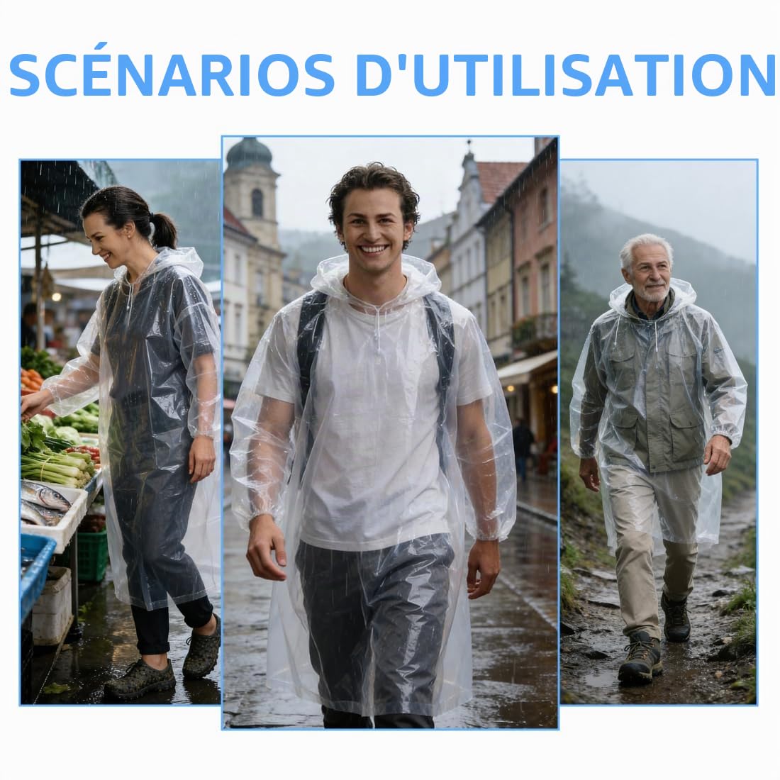 Lot de 2 Poncho Pluie Imperméable Jetable - Cape de Pluie Femme Homme - Poncho Transparent avec Capuche - Imperméable pour Festival Vélo Randonée - Pack de 2 - Édition Transparent