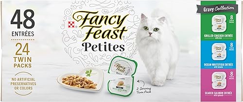 Purina Fancy Feast Petites alimento húmedo gourmet en salsa para gatos, sabores surtidos, 24 unidades de 2.8 onzas, bandejas