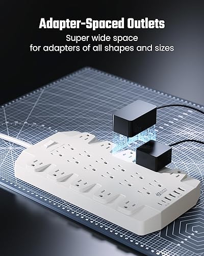 Miniatura 3 de SUPERDANNY - Protector de sobretensiones con 22 tomacorrientes, 2 USB-C y 4 USB-A, 2100J, cable de extensión resistente de enchufe plano de 6.5 pies
