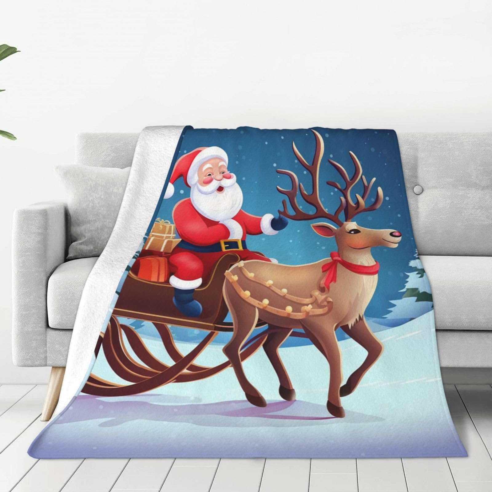 Christmas Santa Deer Throw Blanket for Couch, Plush Fuzzy Soft Flannel Blankets and Throws for Sofa, 80"x60" Bed Blankets for Travel Camping Chair, All Season Warm Fleece Blanket
