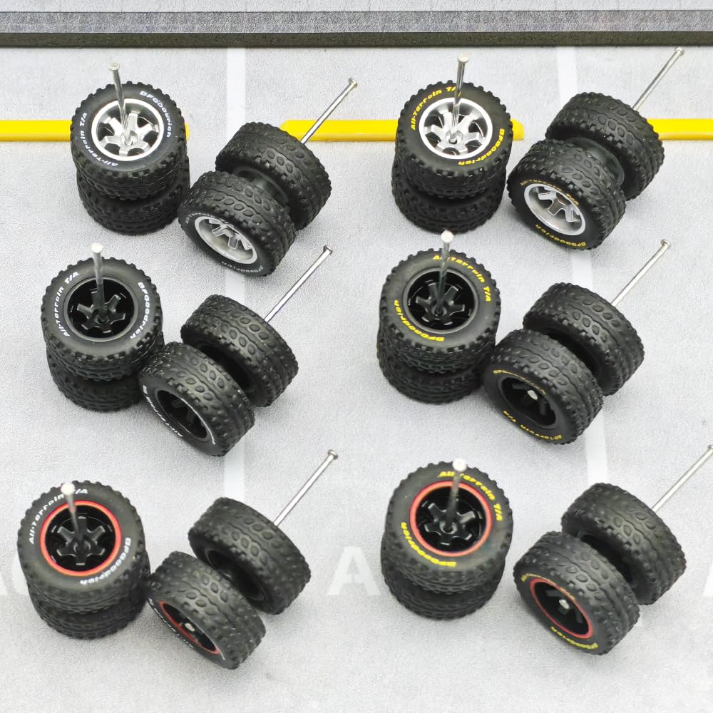 1/64 Wheels and Tires for Off-road Vehicles,with Print on the Tire Skin,Upgraded Mainline Cast Model Car,Diameter is14mm/0.55in,6 Sets Different Styles a Pack (TOT722-27)