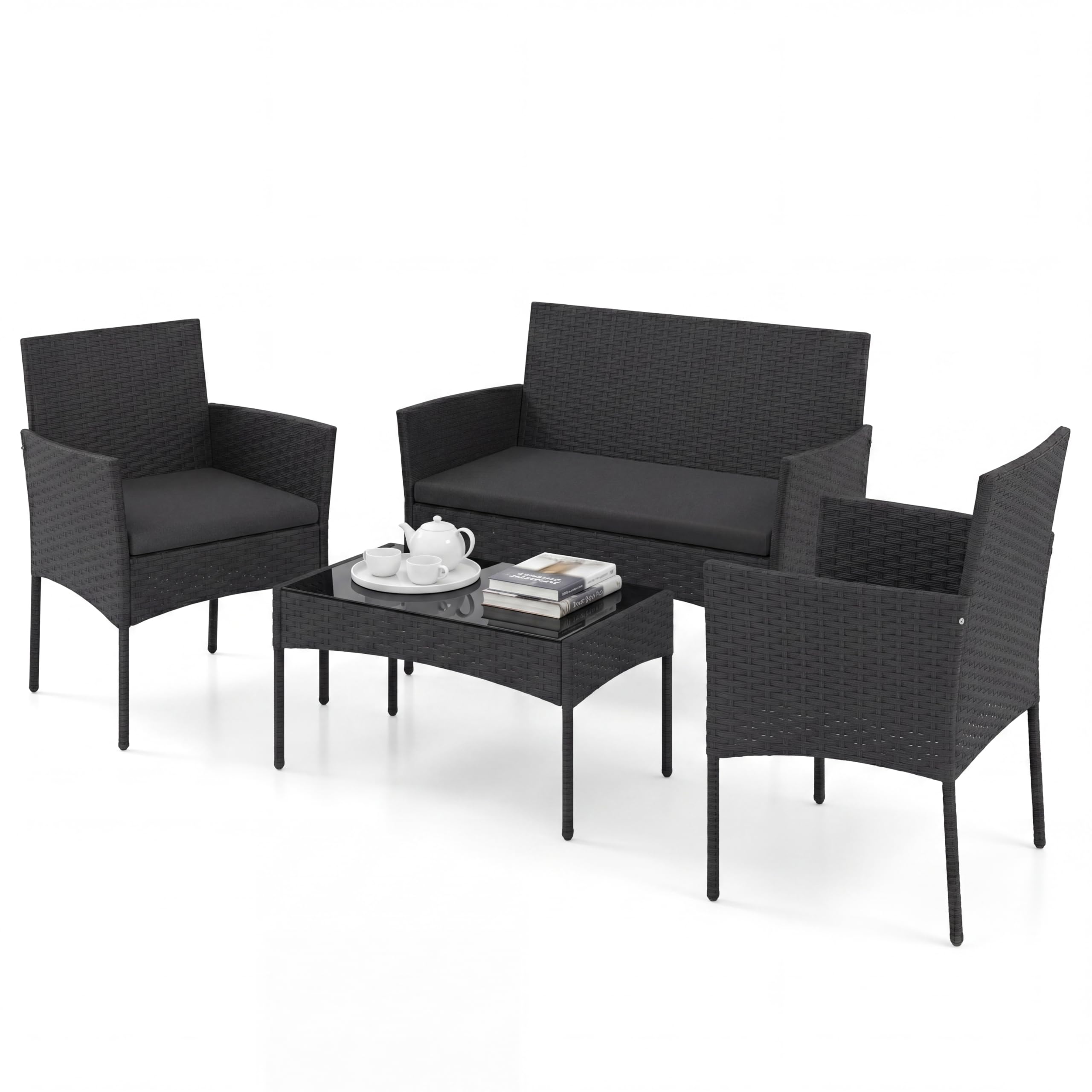 SOARS Salotto da Giardino 4 Pezzi, Set da Esterno in Rattan con 1 Divano 2 Posti, 2 Poltrone, 1 Tavolino in Vetro Temperato, Set Mobili da Giardino con Cuscini per Balcone, Terrazzo (Nero)