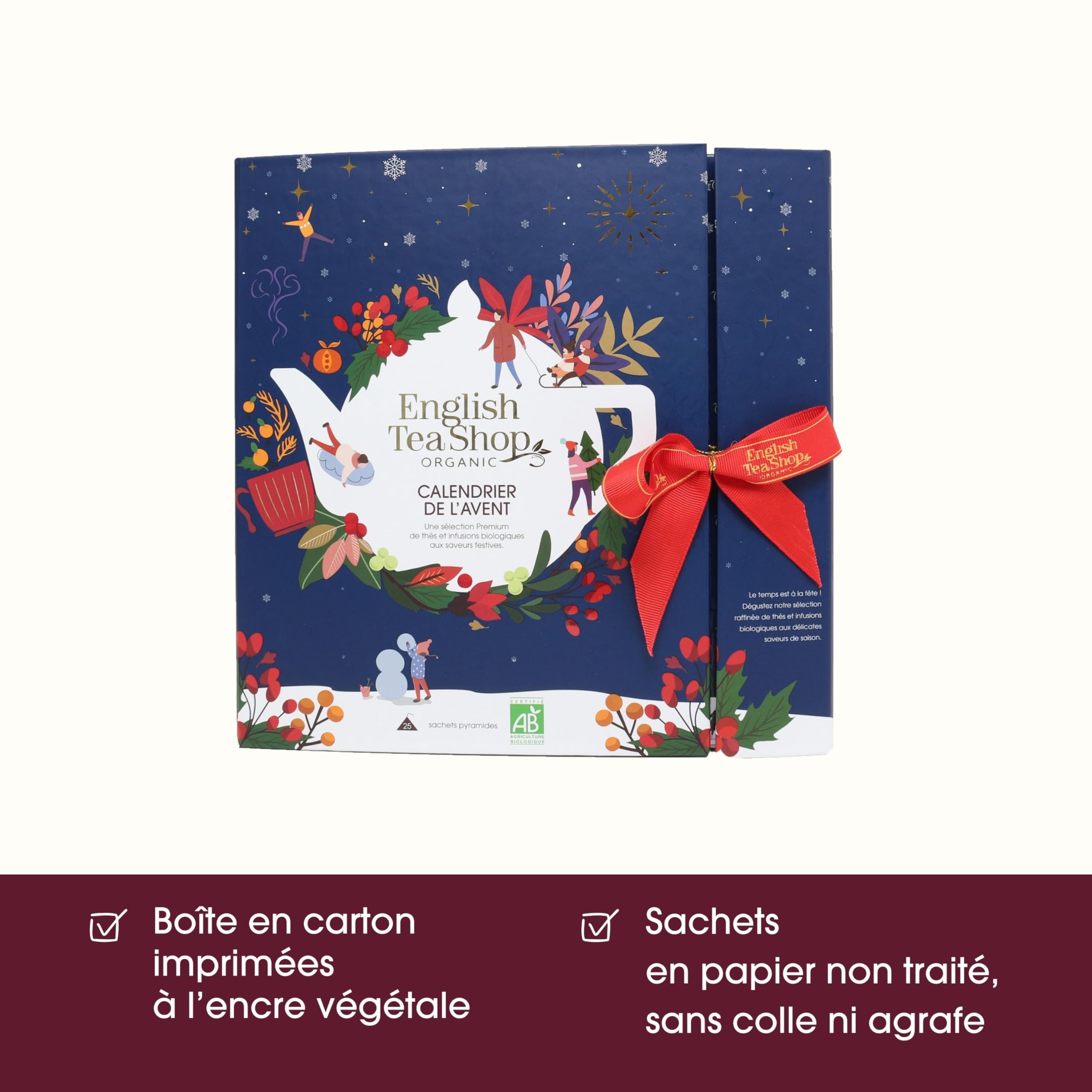 English Tea Shop - Calendrier de l'Avent thé et infusions biologiques - 25 sachets pyramides à découvrir dans chaque case - Livre bleu