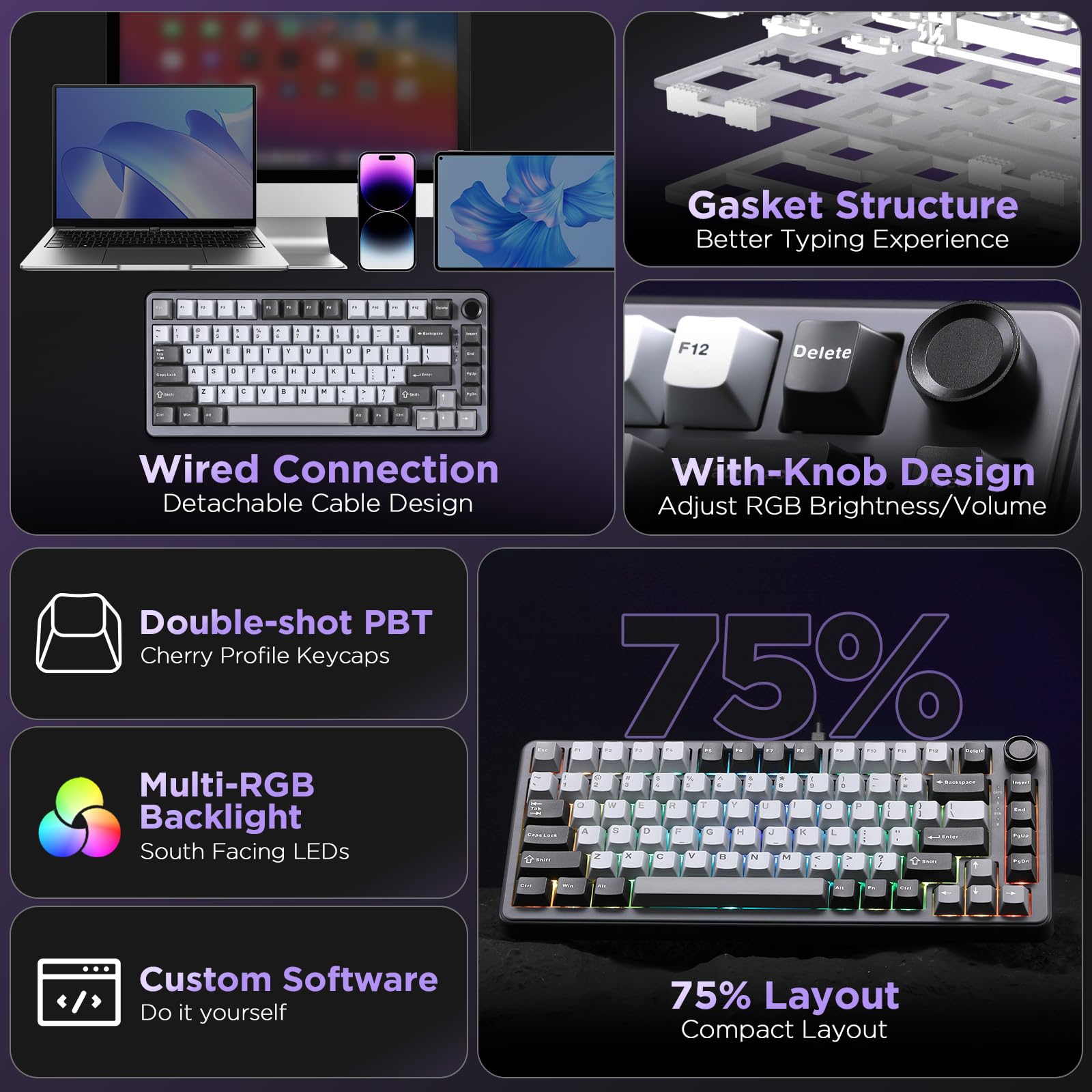 YUNZII B75 Teclado Mecánico,75% Teclado Hot Swappable,Teclado de Juego con Knob,RGB Backlit Gasket Gaming Teclado con Double-Shot PBT Keycaps,Cherry Profile (Dark Grey, Cocoa Cream v2 Switch)