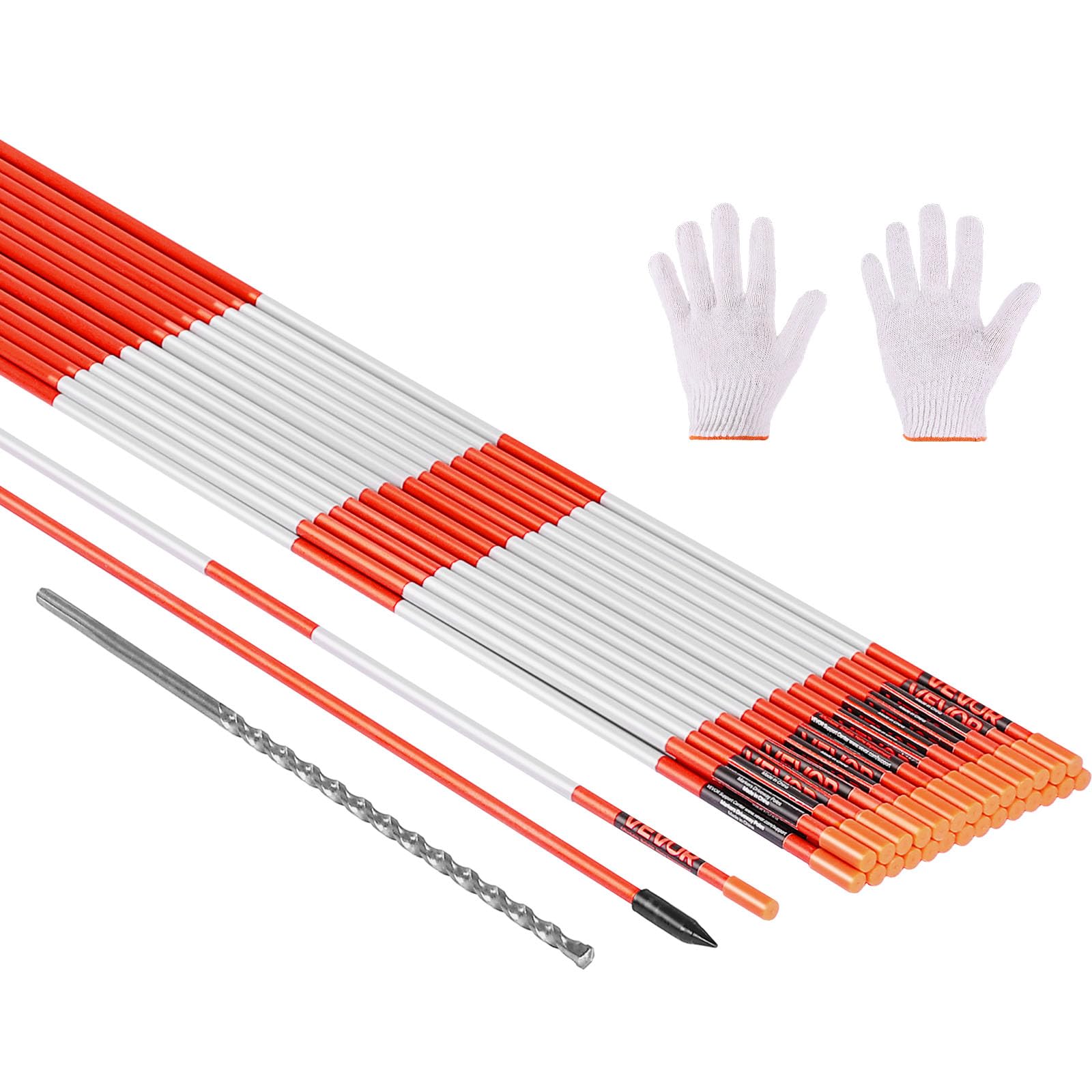 VEVOR Schneestangen, 20 Stück, 122 cm lang, 6,35 mm Durchmesser, Auffahrtstangen mit 30 cm Stahlbohrern, reflektierende Einfahrtsmarkierung, Fiberglasstangen für Parkplätze, Gehwege, Schneeräumen