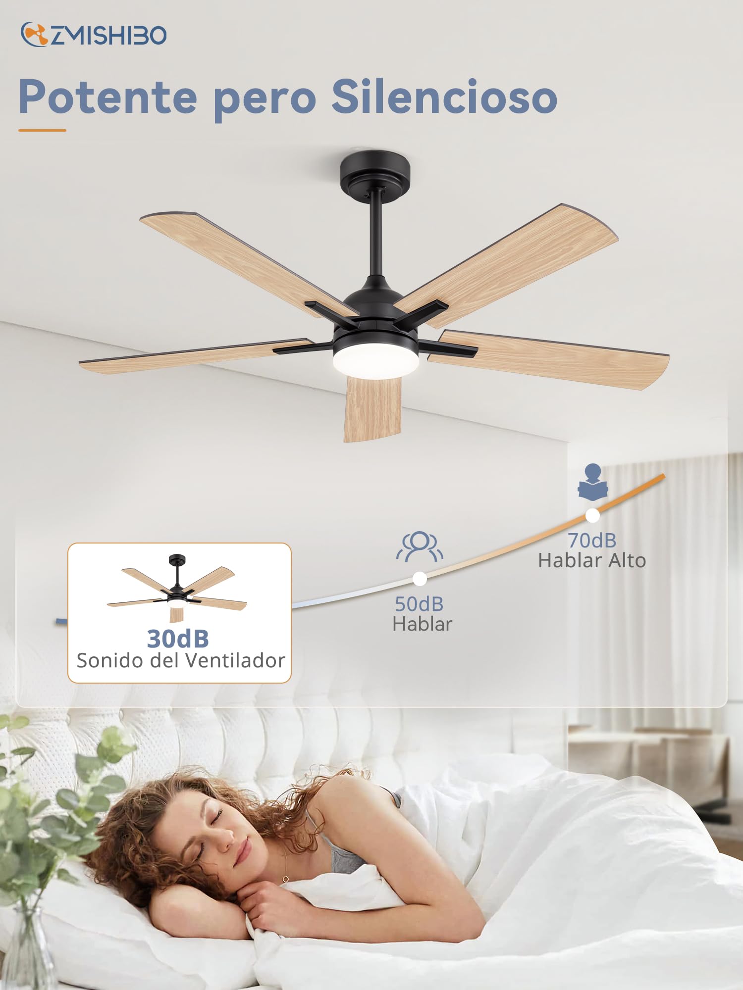 ZMISHIBO Ventilador de Techo con Luz, Ø132 cm, Motor DC Eficiente, 6 Velocidades, 3 Temperaturas de Color (3000K, 4000K, 6000K), Diseño Moderno, Control Remoto, Ahorro Energético