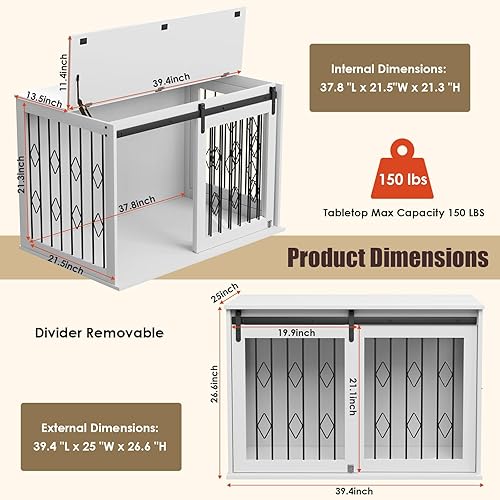 Miniatura 2 de Arlopu Mueble de jaula para perros con puerta corrediza de granero, mesa auxiliar de madera de 39.4 pulgadas, con apertura superior, divisor