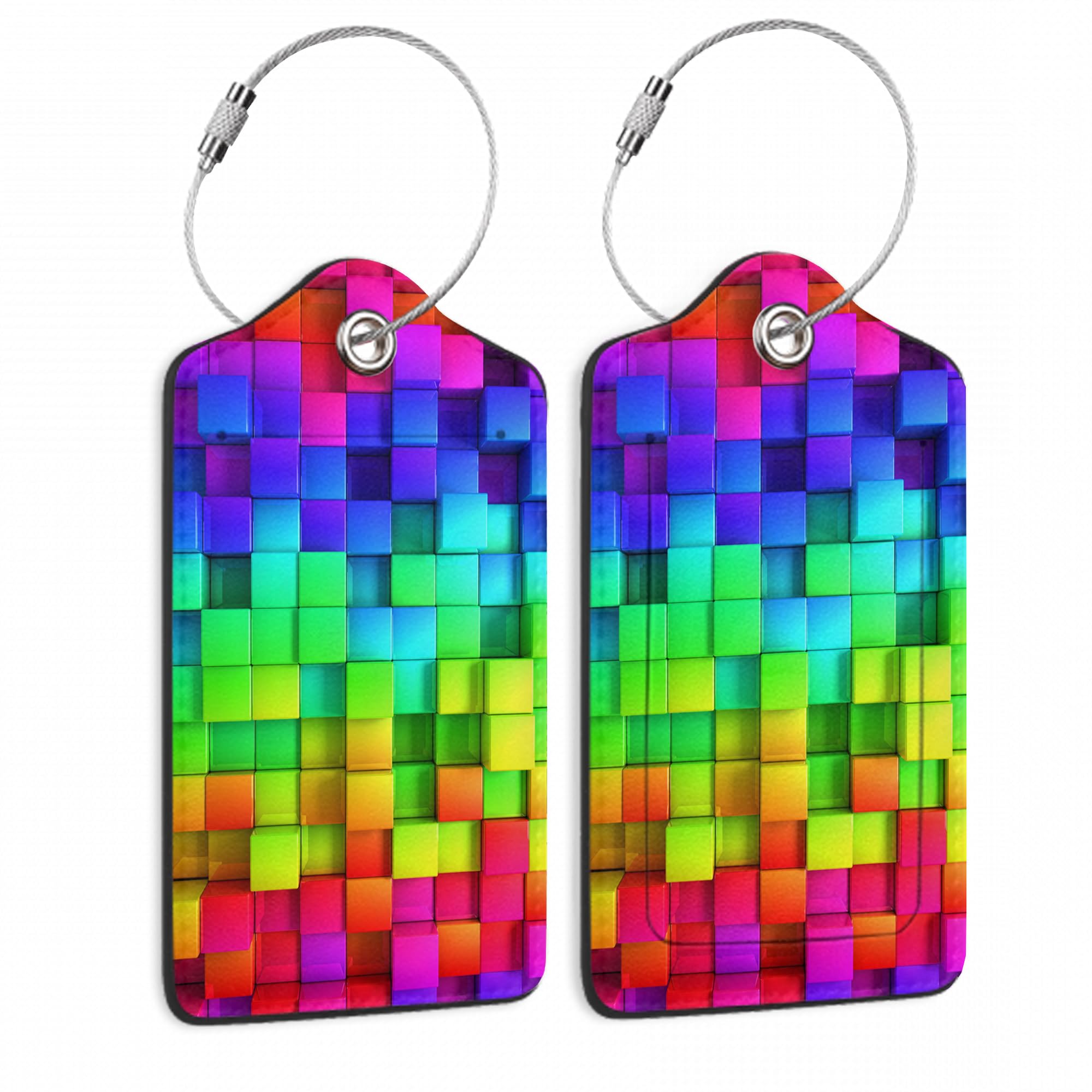 Checkered Luggage Tags Set of 2 Rainbow Colorful Checkered Leather Suitcase Tags with Stainless Steel Loop and Privacy Cover for Women Men Travel Luggage Accessories