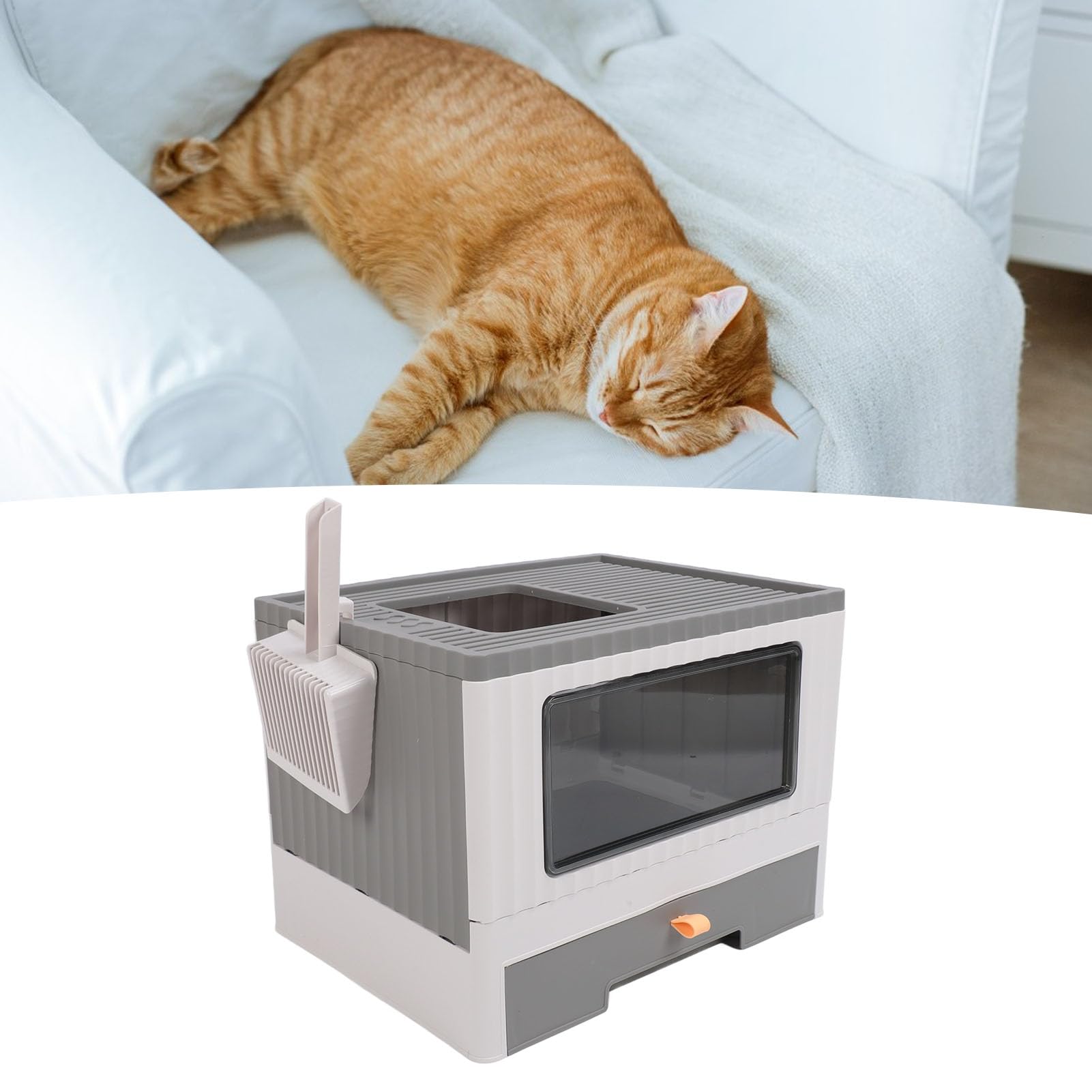 Grande Lettiera per Gatti Chiusa e Pieghevole con 8 Chiusure Stabili e Cassetto Estraibile, con Paletta per Lettiera e Spazzola per la Pulizia Facile Manutenzione e Viaggi (GRAY)