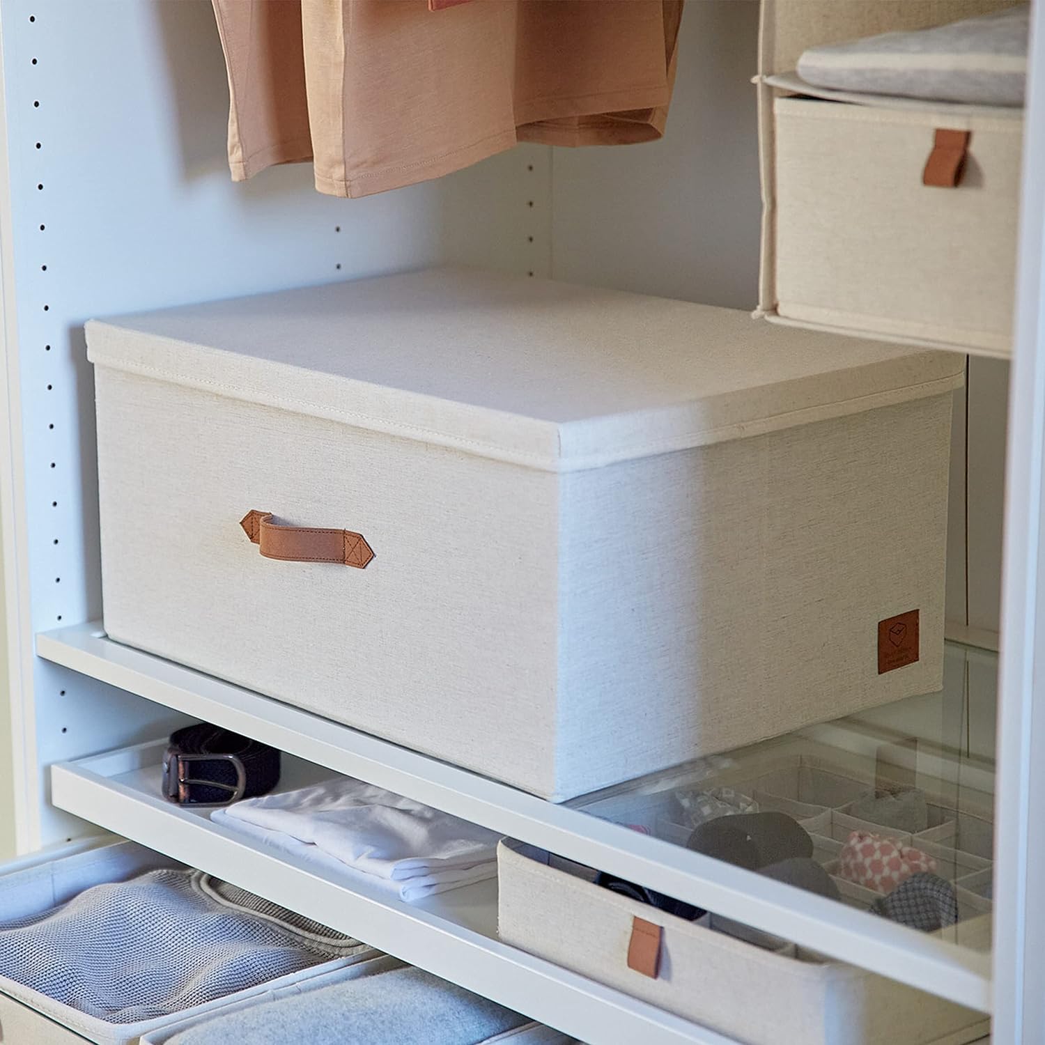 LOVE IT STORE IT Premium pudełko do przechowywania z pokrywką – z wysokiej jakości mieszanki lnu i bawełny – wzmocnione drewnem – bardzo duże i stabilne – beżowe – 54 x 40 x 25 cm