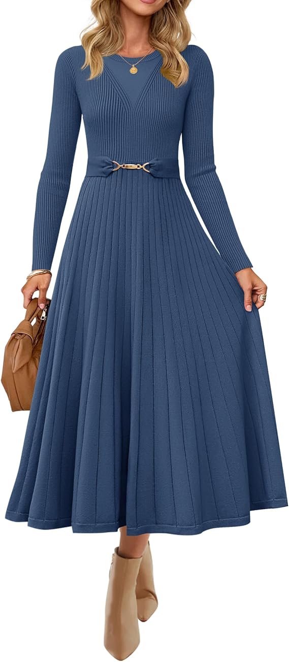 ZESICA Women's Long Sleeve Midi Sweater Dress 2025 Fall Crewneck Knit A Line Pleated Flowy Long Dresses with Belt