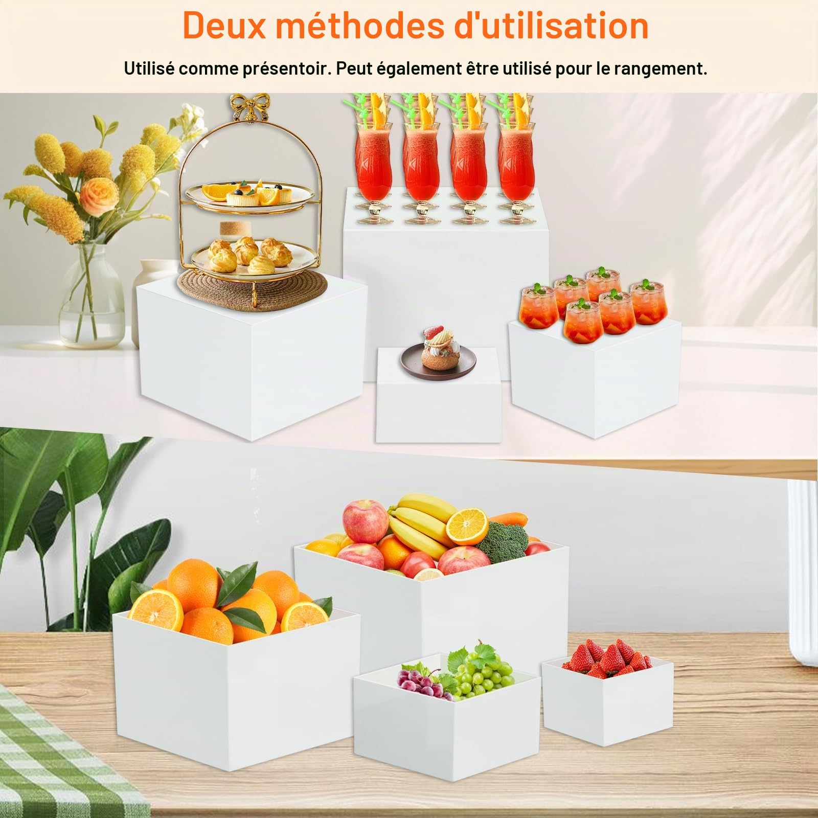 Presentoir Aperitif Buffet, Lot de 4 (20/18/15/13 cm) Présentoirs pour Gâteaux Acrylique, Supports Buffet Mariage, Desserts, Objets Collection, Bijoux, Stand Cubique Emboîtable en Différentes Tailles