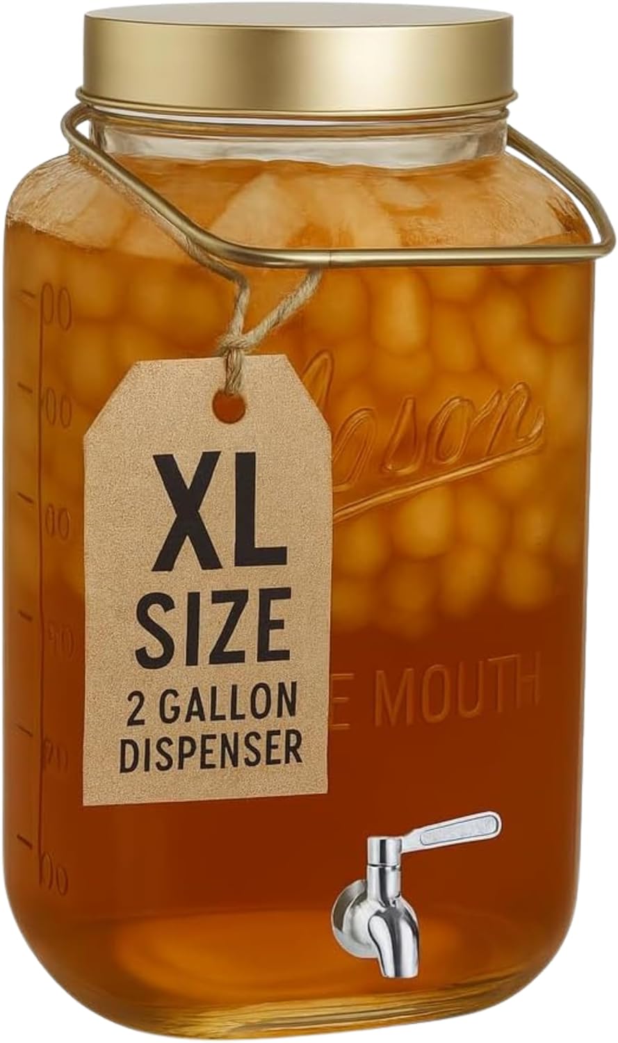 Kitchentoolz Big 2 Gallon Glass Drink Dispenser with Large Airtight Metal Lid and Handle – Square Mason Jar Beverage Container with Stainless Steel Spigot – Ideal for Cold Drinks & Events