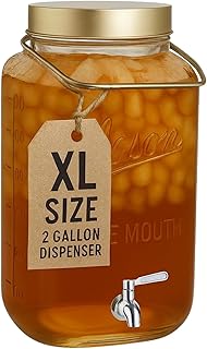 Kitchentoolz Big 2 Gallon Glass Drink Dispenser with Large Airtight Metal Lid and Handle – Square Mason Jar Beverage Container with Stainless Steel Spigot – Ideal for Cold Drinks & Events