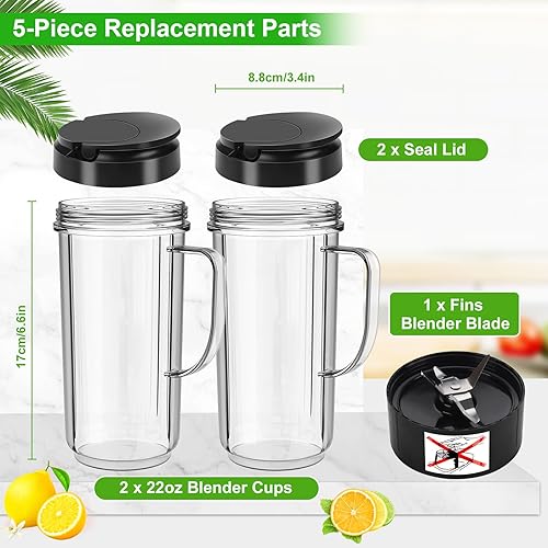 Miniatura 3 de Paquete de 2 tazas de licuadora Magic Bull, tazas altas de 22 onzas con tapa abatible para llevar y 4 aletas de repuesto para licuadora de hoja