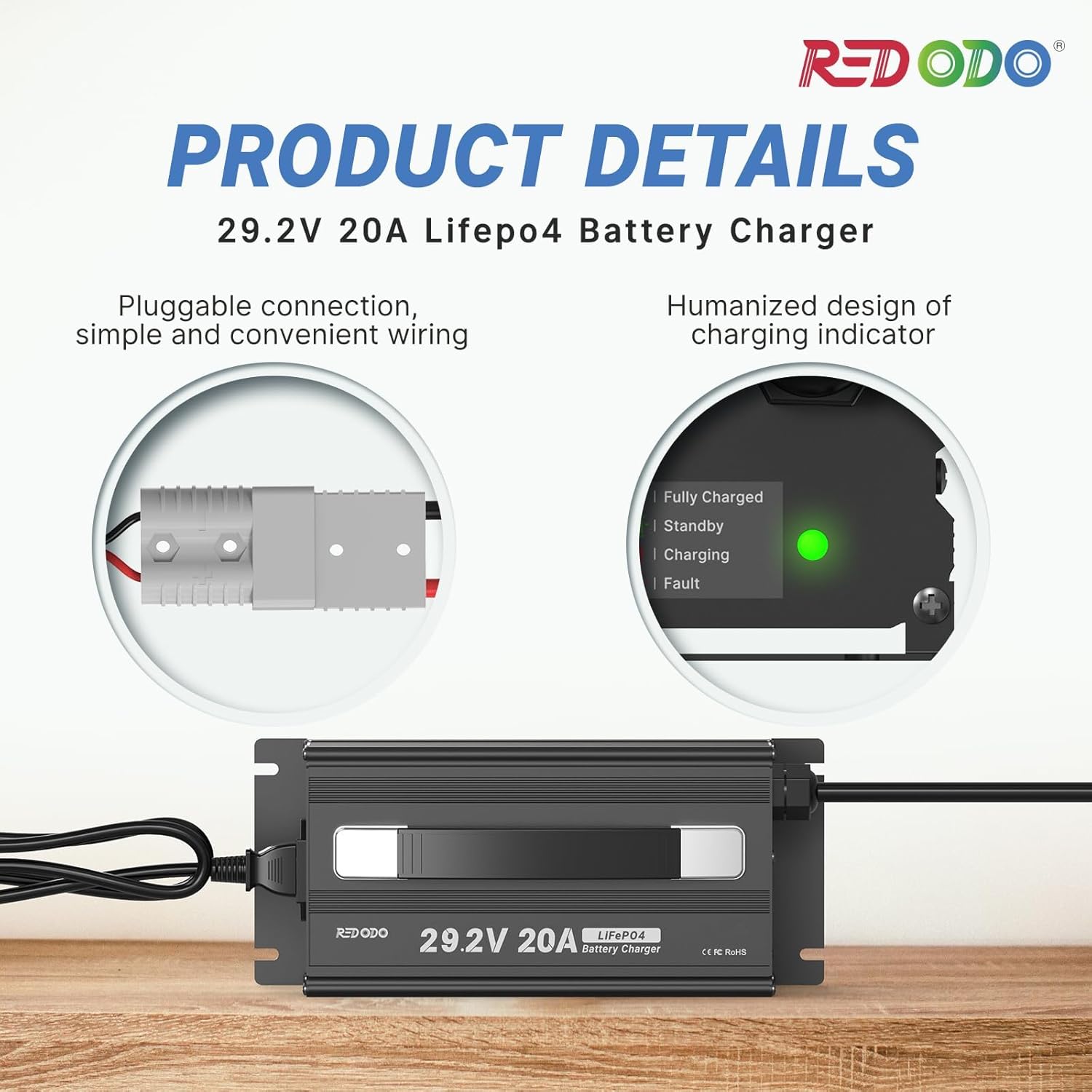 Image showing the Redodo 29.2V 20A LiFePO4 battery charger with its pluggable connection and charging indicator.