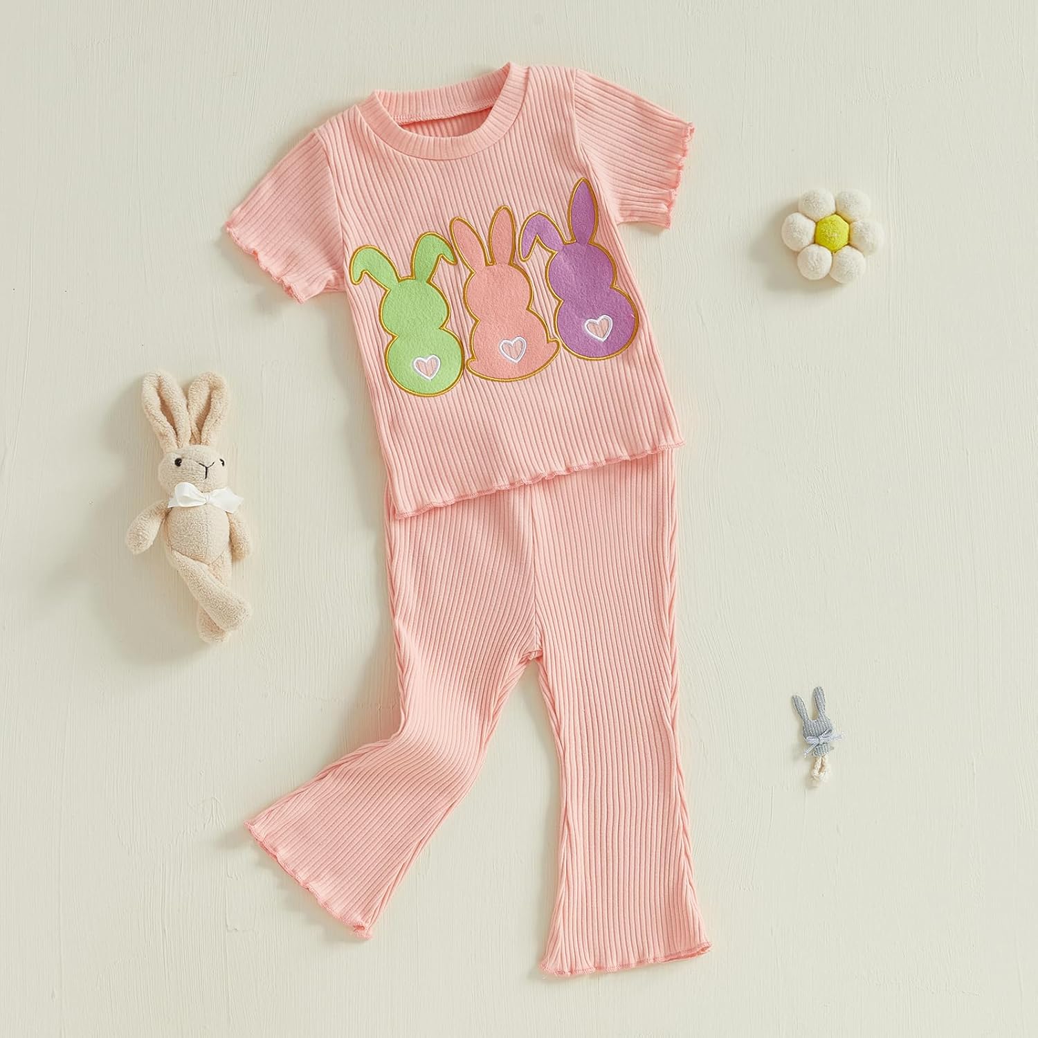 Infant Baby Girl Easter Outfit Knit Ruffle Short Sleeve Shirts with Pants Set Toddler Baby Girl Bunny Clothes - Image 3