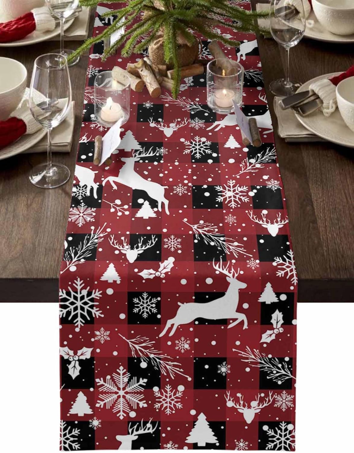 Christmas Table Runner Reindeer Snowflake Table Runners Dresser Scarves Pine Trees Red Buffalo Check Plaid Table Decor Seasonal Kitchen Dining Table Decoration for Home Holiday Decor 13x120 Inch
