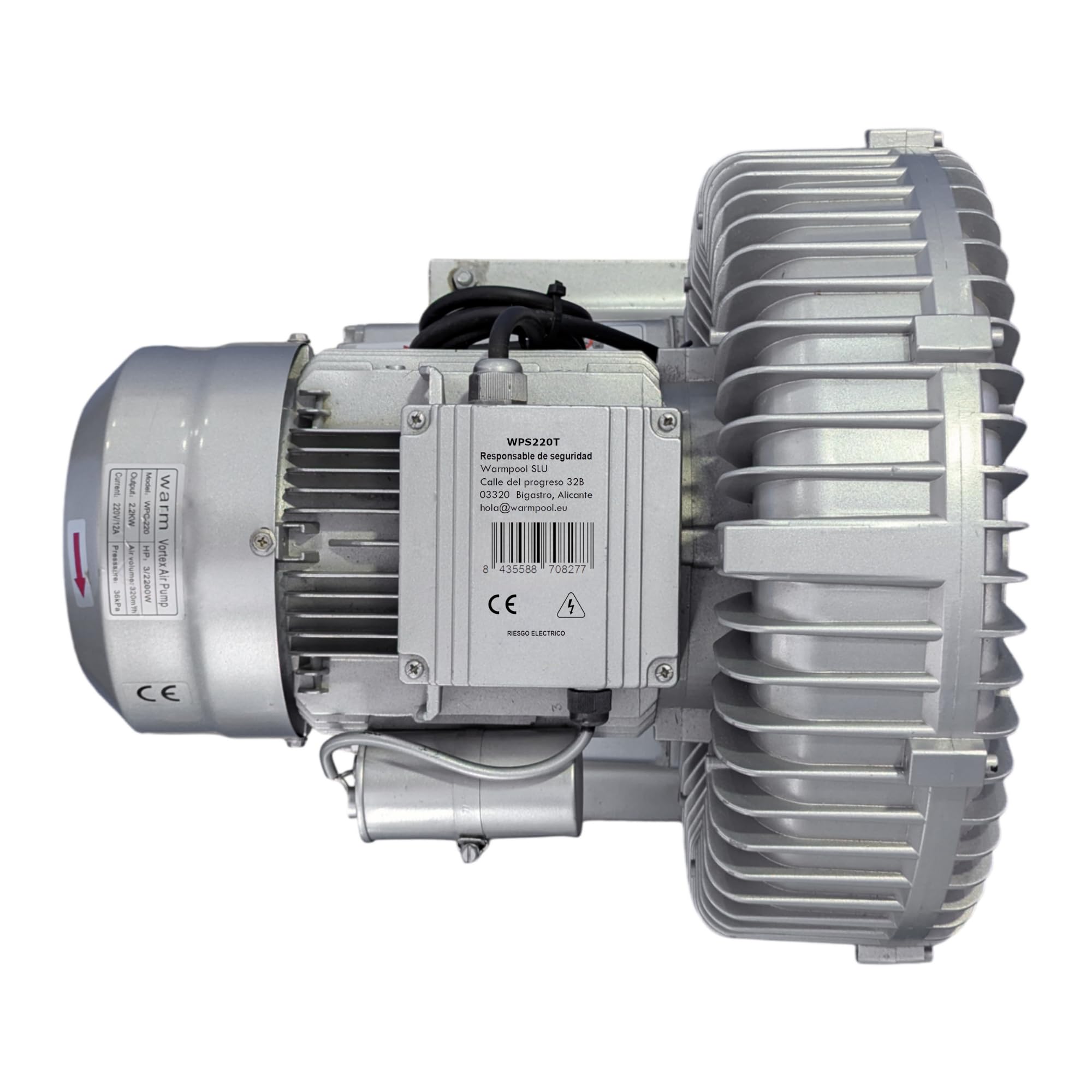 Turbocompresseur à canal latéral 2,2 kW 3 CV triphasé, pompe à air pour piscine et spa, gris aluminium
