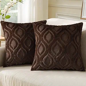 decorUhome Throw Pillow Covers 20x20 Inch Set of 2, Soft Plush Decorative Faux Fur Dark Brown Solid Couch Pillow Covers, Accent Farmhouse Neutral Square Euro Pillow Cases for Sofa Bed Living Room
