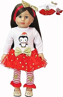 Red & Gold Penguin Long Sleeved Dress Outfit with Bow Headband for 18-Inch Dolls | Premium Quality & Trendy Design | Dolls Clothes