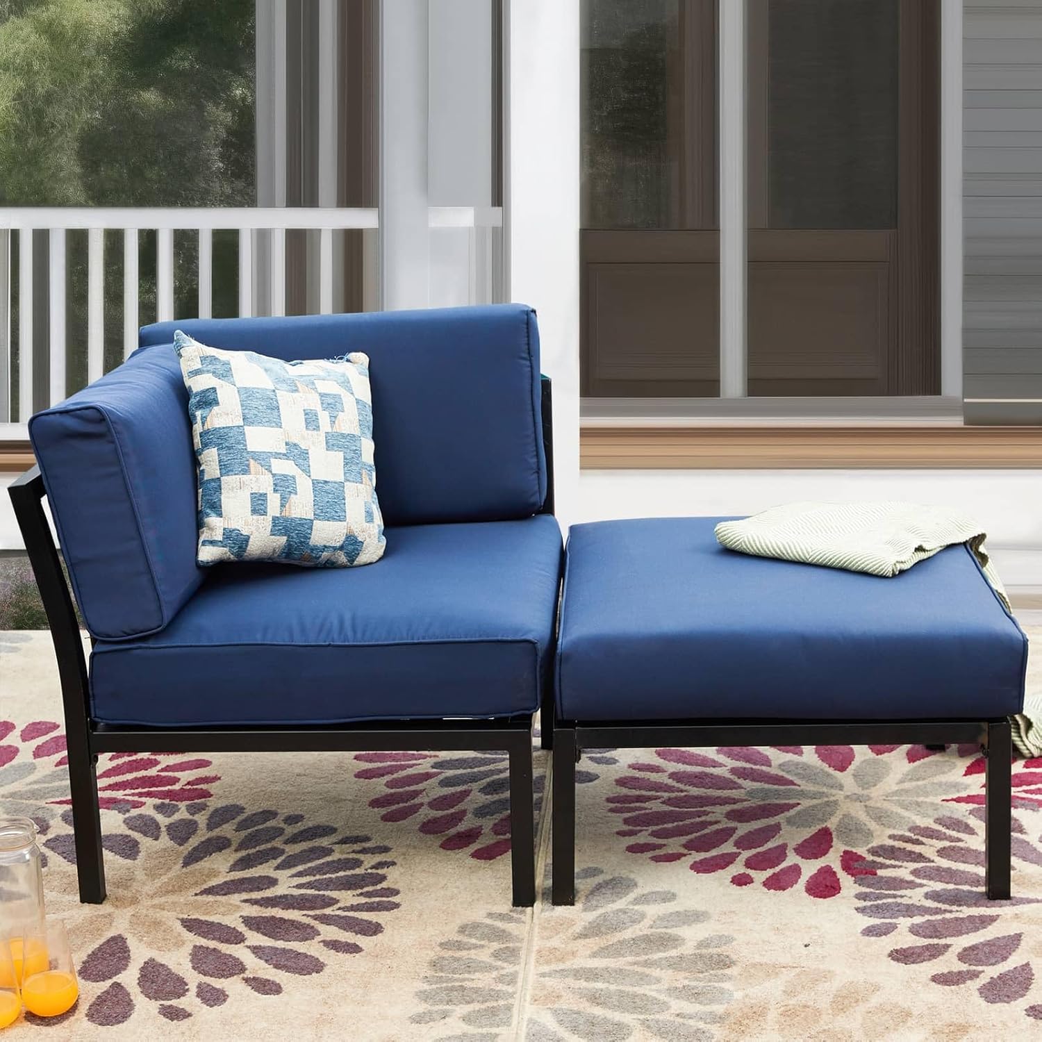 Patio Sofa Outdoor Sectional Sofas Metal Conversation Set Patio Furniture with Thick Blue Cushions
