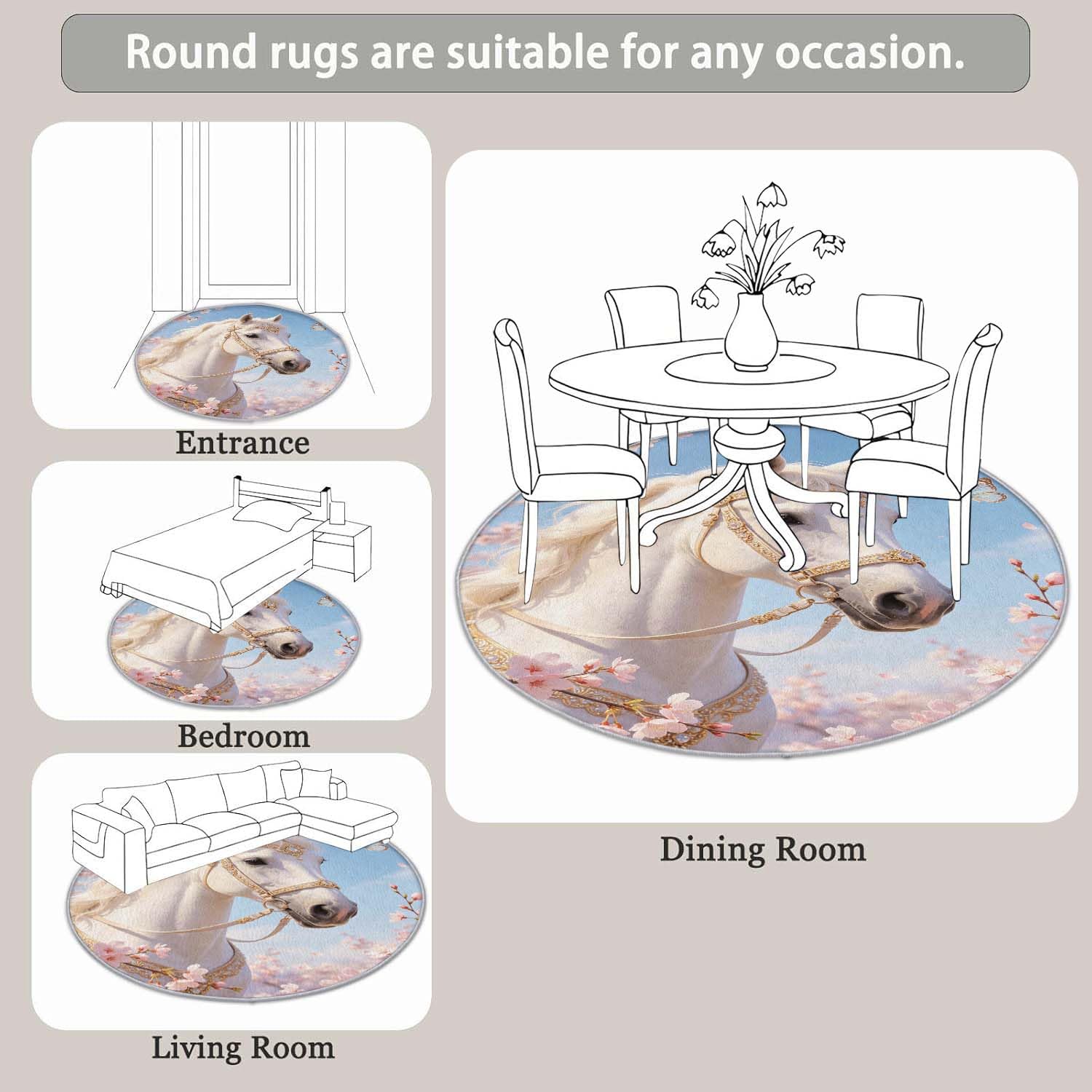 Tapis Rond Cheval 120 cm, Tapis Salon 3D Chevaux Poil Ras Lavable en Machine Antidérapant Doux Descente de Lit Chambre pour Cuisine, Chambre d'enfant, Bureau YDT2886