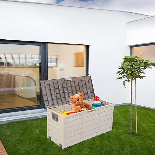 Miniatura 4 de Caja de cubierta de 75 galones para almacenamiento al aire libre con diseño amigable con el jardín, ideal para muebles de patio, juguetes de piscina