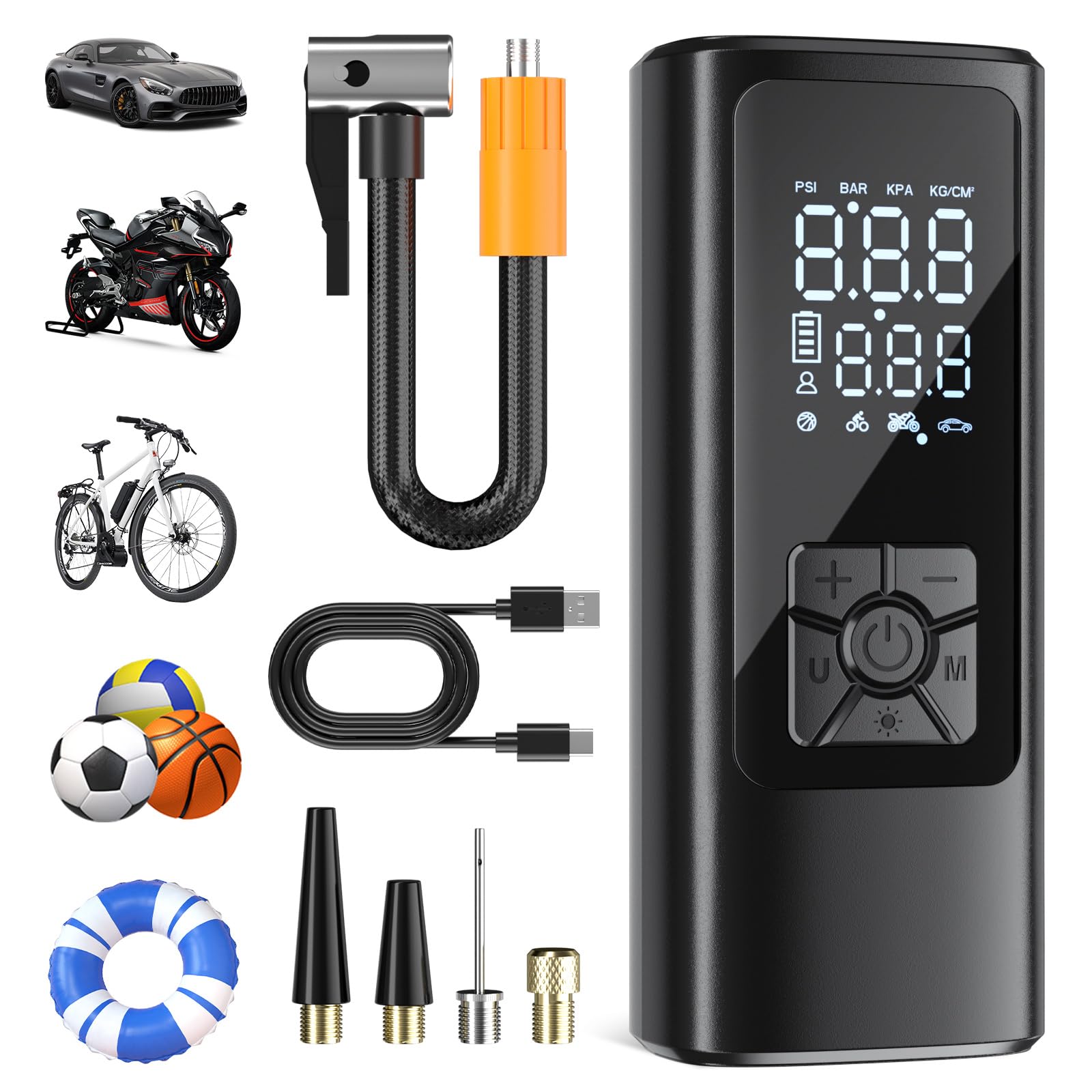 Hovvida Black Tyre Inflator Cordless Air Compressor, Portable Electric Bike Pump 150 Psi, With Digital Dual Values Display, Pressure Gauge, Ledlight For Car, Bike, Motorbike, Ball