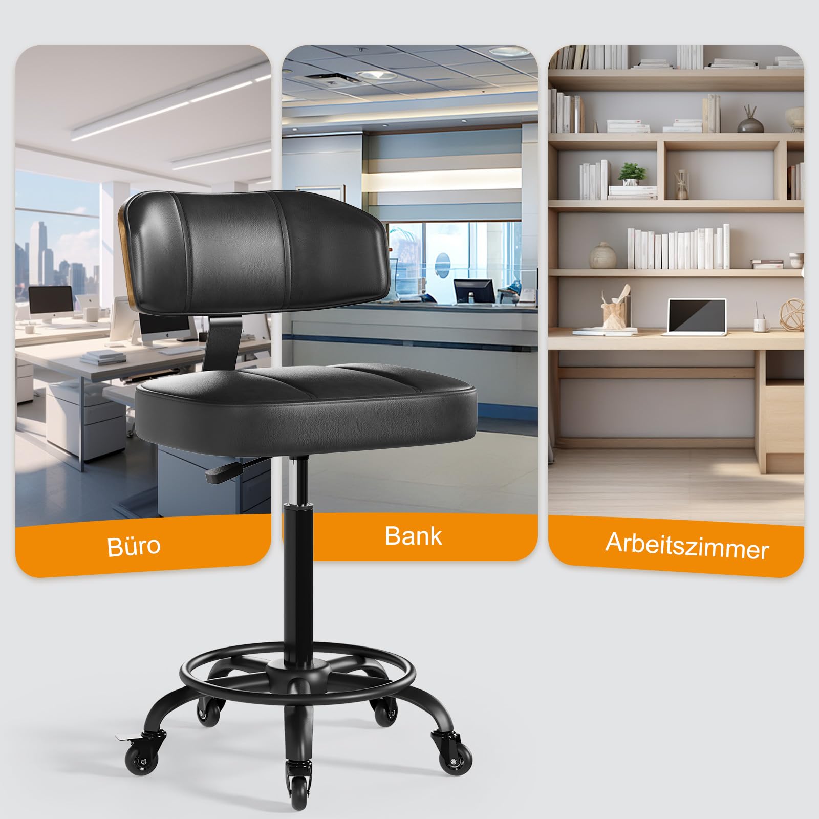 Rollhocker HöHenverstellbar, Bürohocker Ergonomisch,Arbeitshocker, Drehhocker 360°,Mit Rückenlehne Pu-Sitzpolsterung Für Spa Zeichnung Salon Arbeit Büro Bar Studio Labor Black